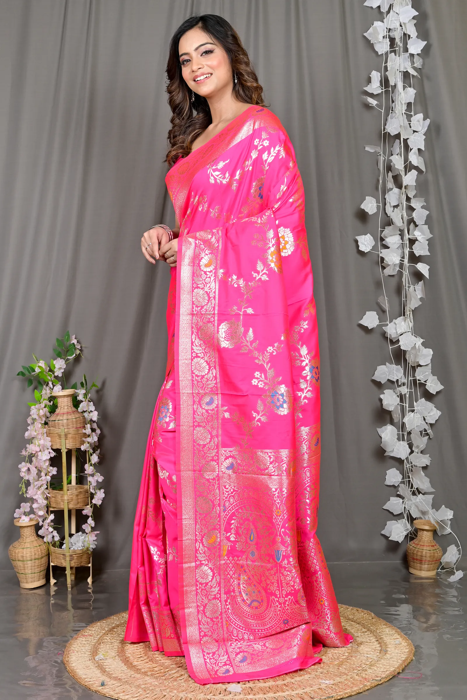 DipDiya Cotton Silk Pink Parosha Traditional Bengali Kathan Sarees