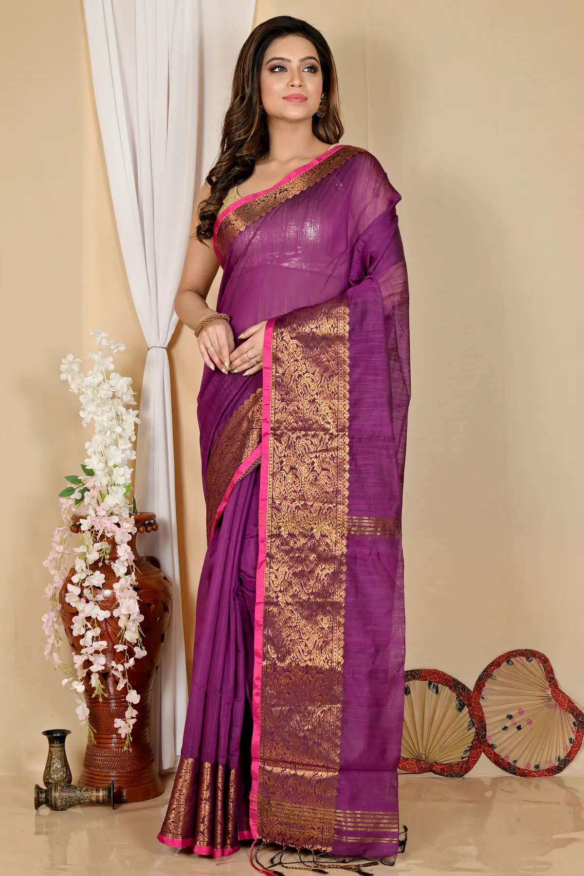 DipDiya Cotton Silk Purple Asta The Bengali Classic Handloom Sarees