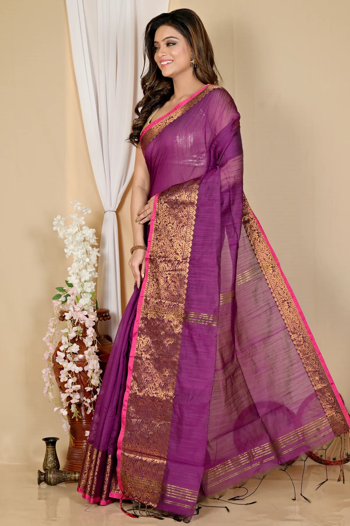 DipDiya Cotton Silk Purple Asta The Bengali Classic Handloom Sarees
