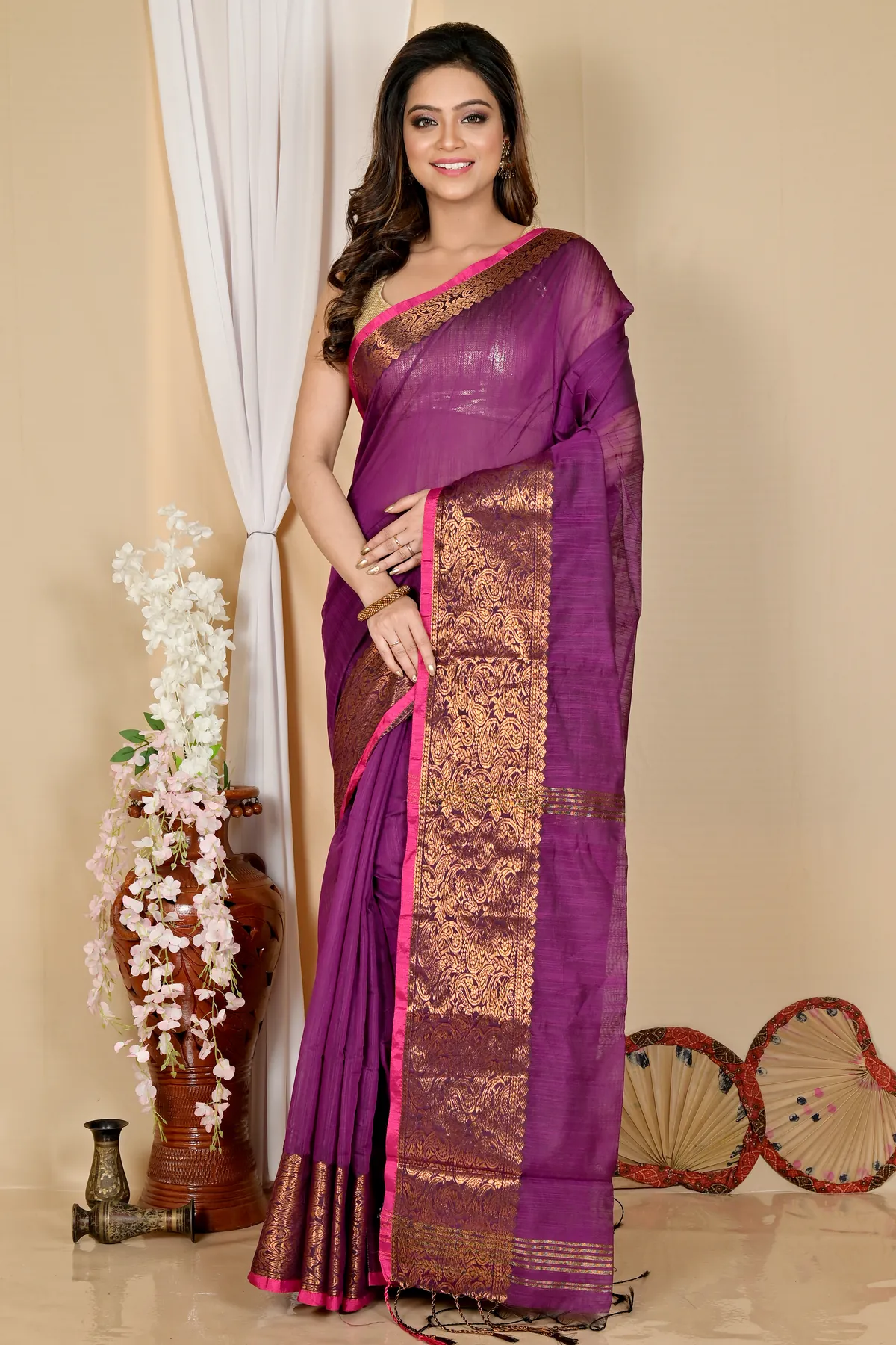 DipDiya Cotton Silk Purple Asta The Bengali Classic Handloom Sarees