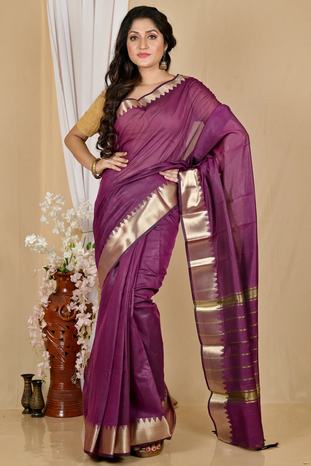 DipDiya Cotton Silk Purple Sikra Regal Bengali Handloom Sarees