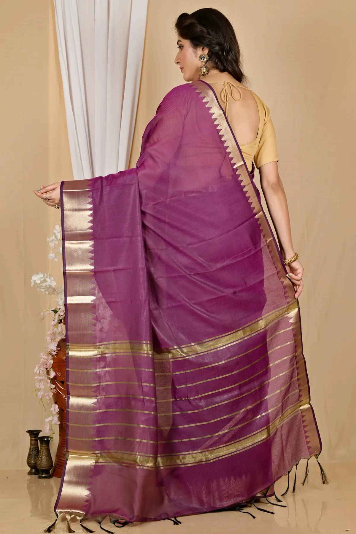 DipDiya Cotton Silk Purple Sikra Regal Bengali Handloom Sarees