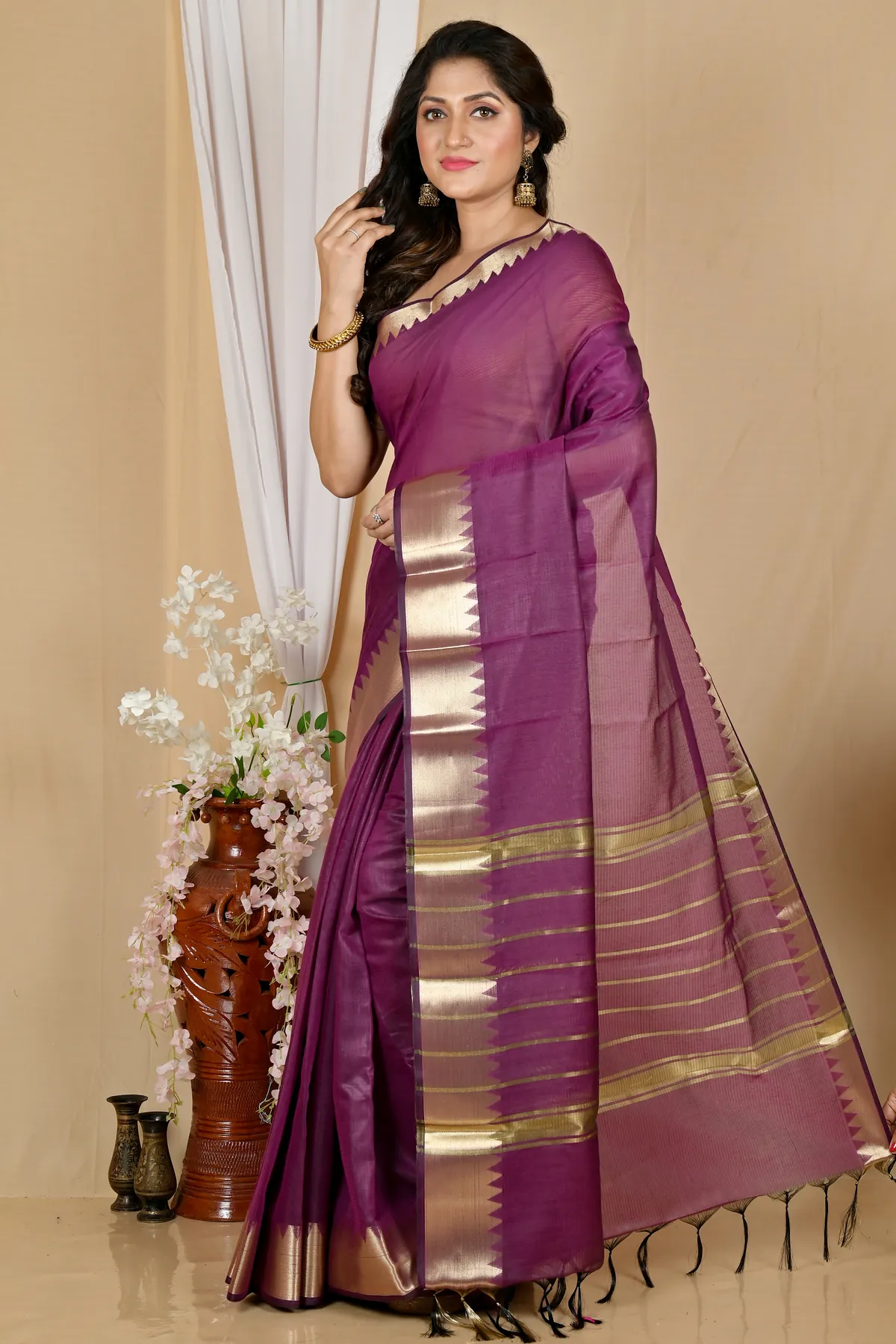 DipDiya Cotton Silk Purple Sikra Regal Bengali Handloom Sarees