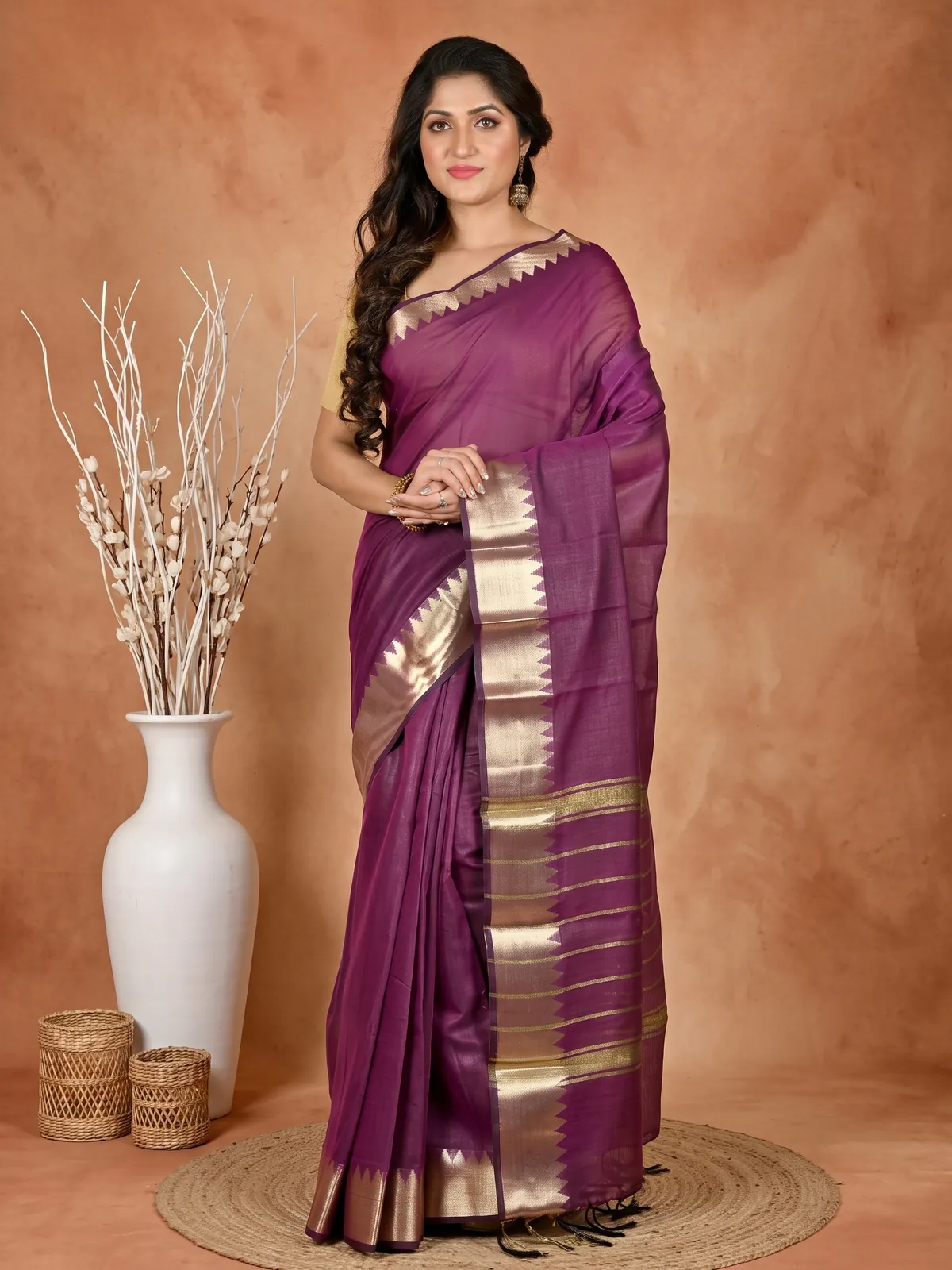 DipDiya Cotton Silk Purple Sikra Regal Bengali Handloom Sarees