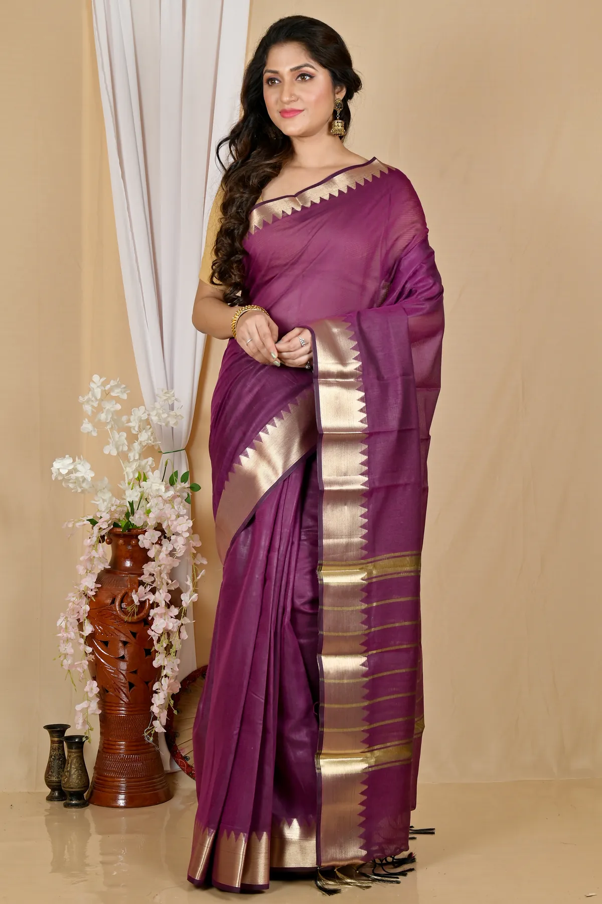 DipDiya Cotton Silk Purple Sikra Regal Bengali Handloom Sarees