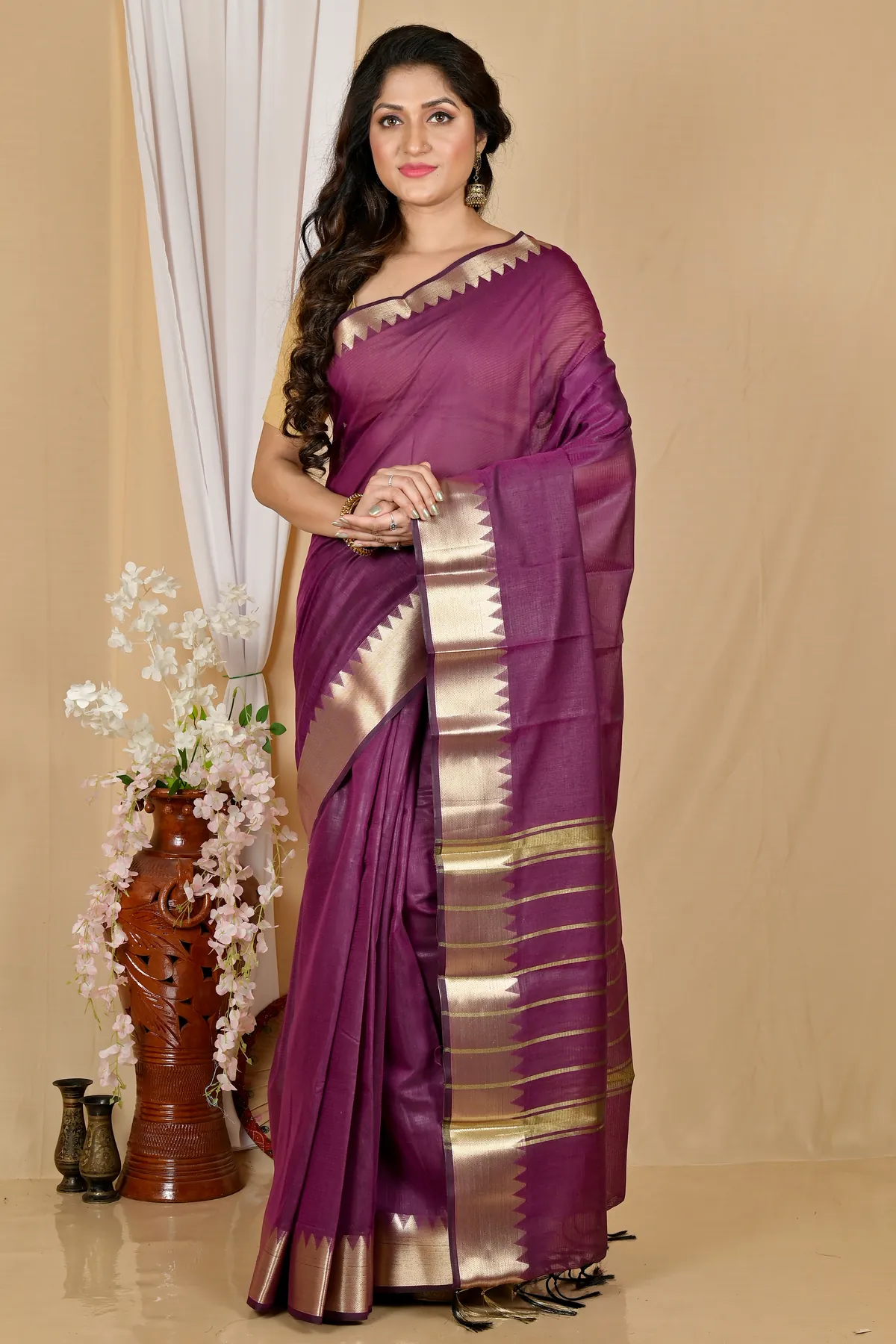 DipDiya Cotton Silk Purple Sikra Regal Bengali Handloom Sarees
