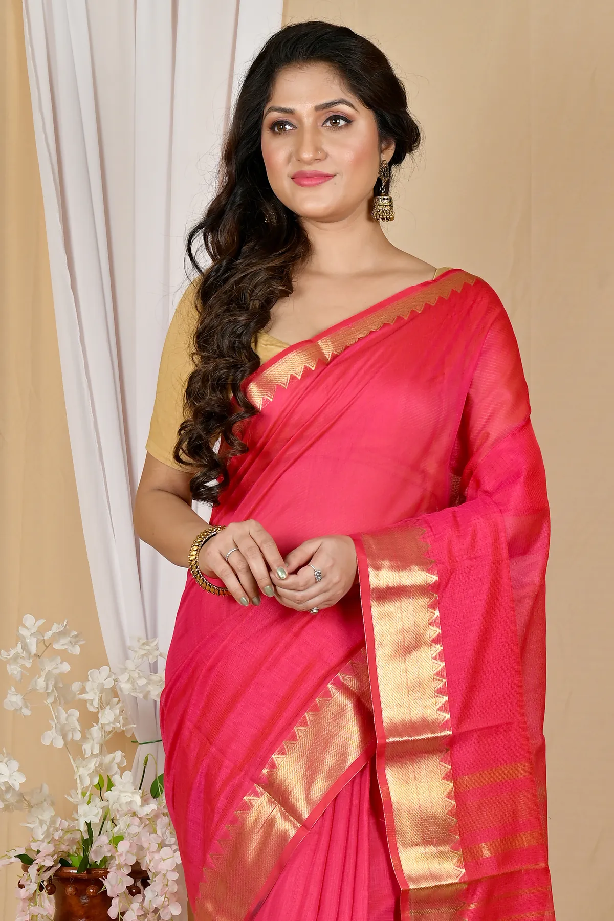 DipDiya Cotton Silk Rani Pink Sikra Stories of Bengal Handloom Sarees