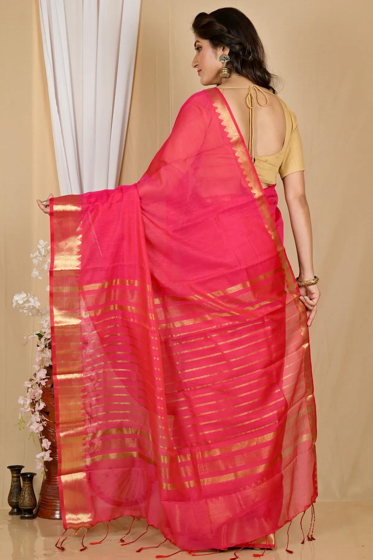 DipDiya Cotton Silk Rani Pink Sikra Stories of Bengal Handloom Sarees