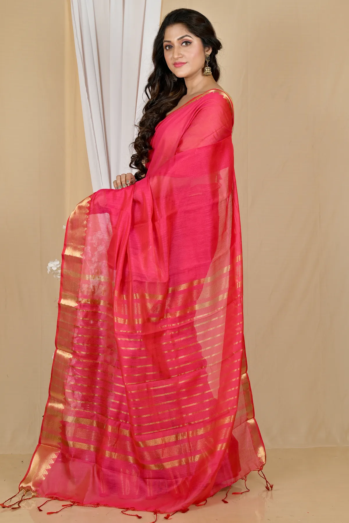 DipDiya Cotton Silk Rani Pink Sikra Stories of Bengal Handloom Sarees