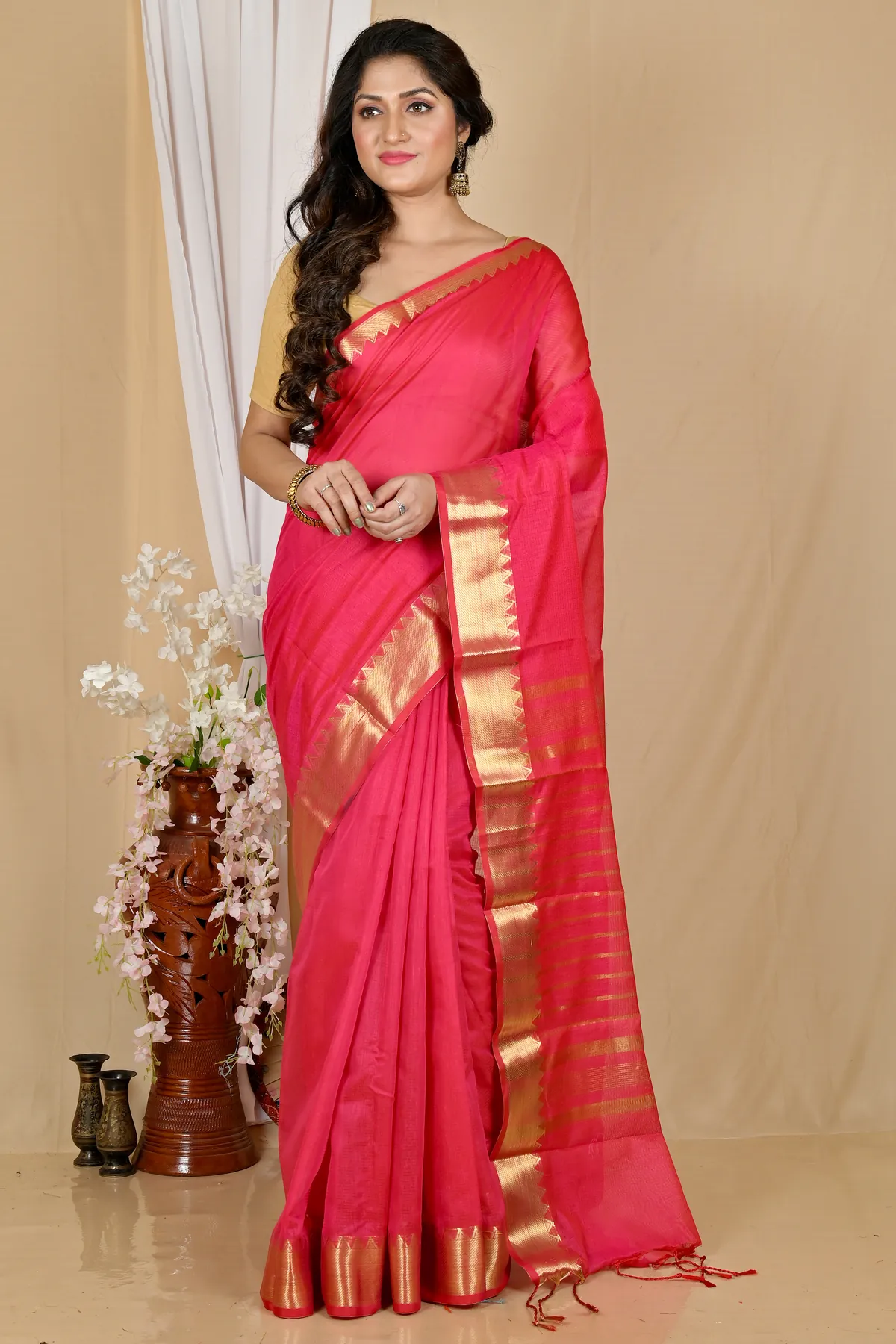 DipDiya Cotton Silk Rani Pink Sikra Stories of Bengal Handloom Sarees