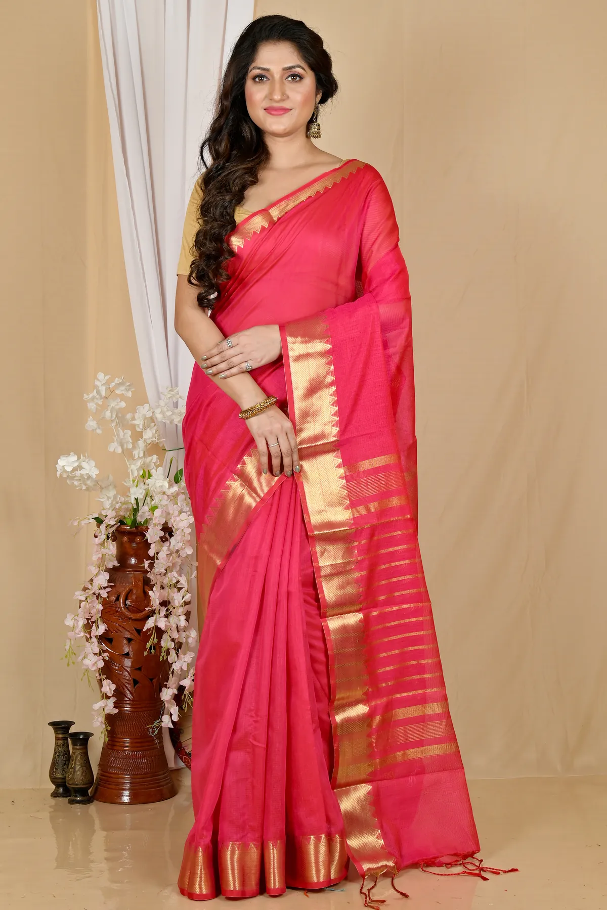 DipDiya Cotton Silk Rani Pink Sikra Stories of Bengal Handloom Sarees