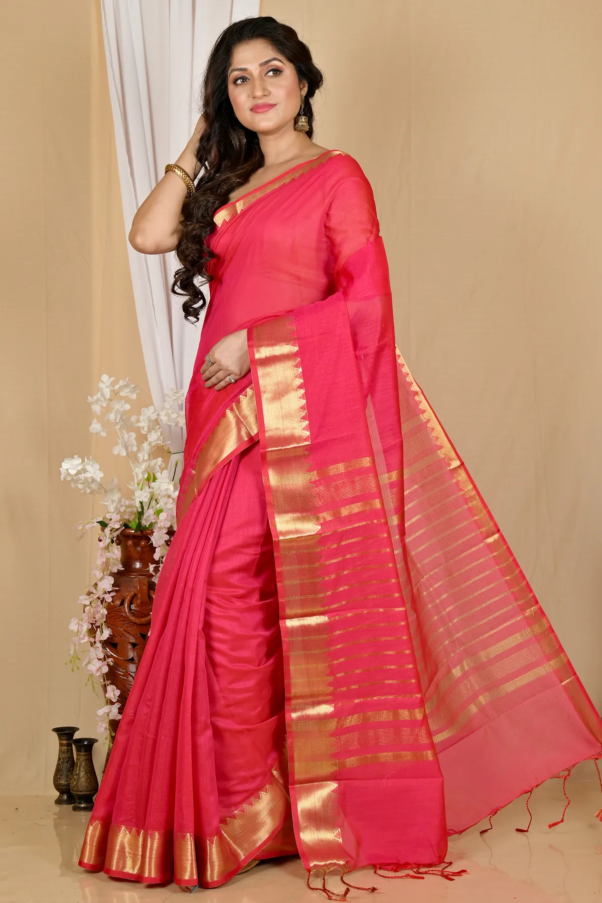 DipDiya Cotton Silk Rani Pink Sikra Stories of Bengal Handloom Sarees