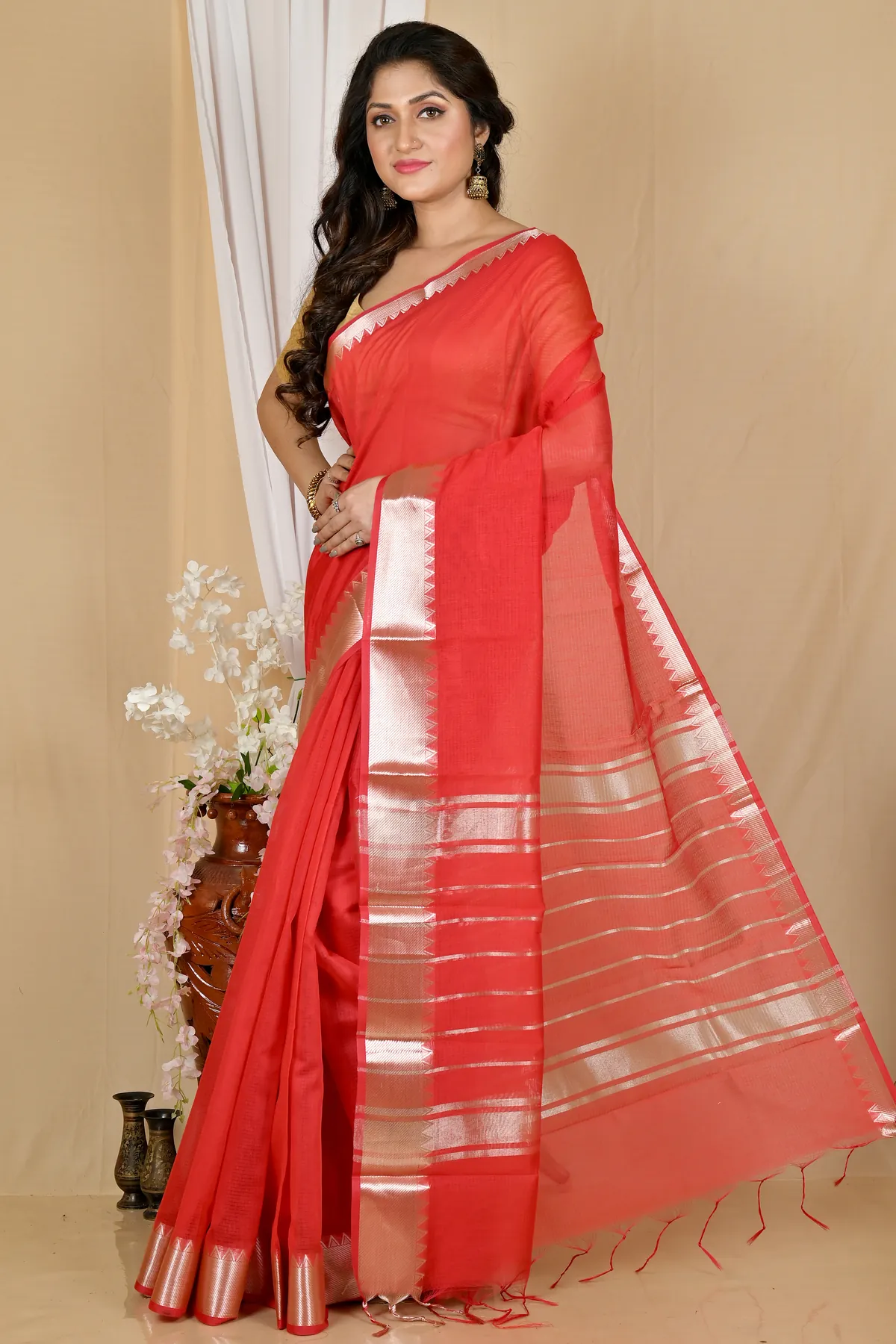 DipDiya Cotton Silk Red Sikra Pure Bengali Grace Handloom Sarees