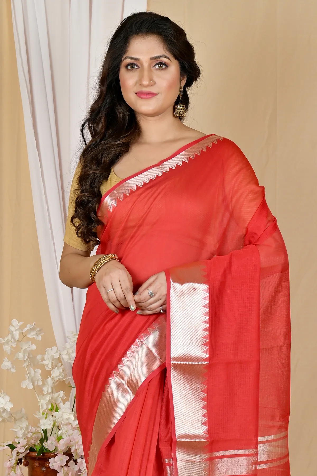 DipDiya Cotton Silk Red Sikra Pure Bengali Grace Handloom Sarees