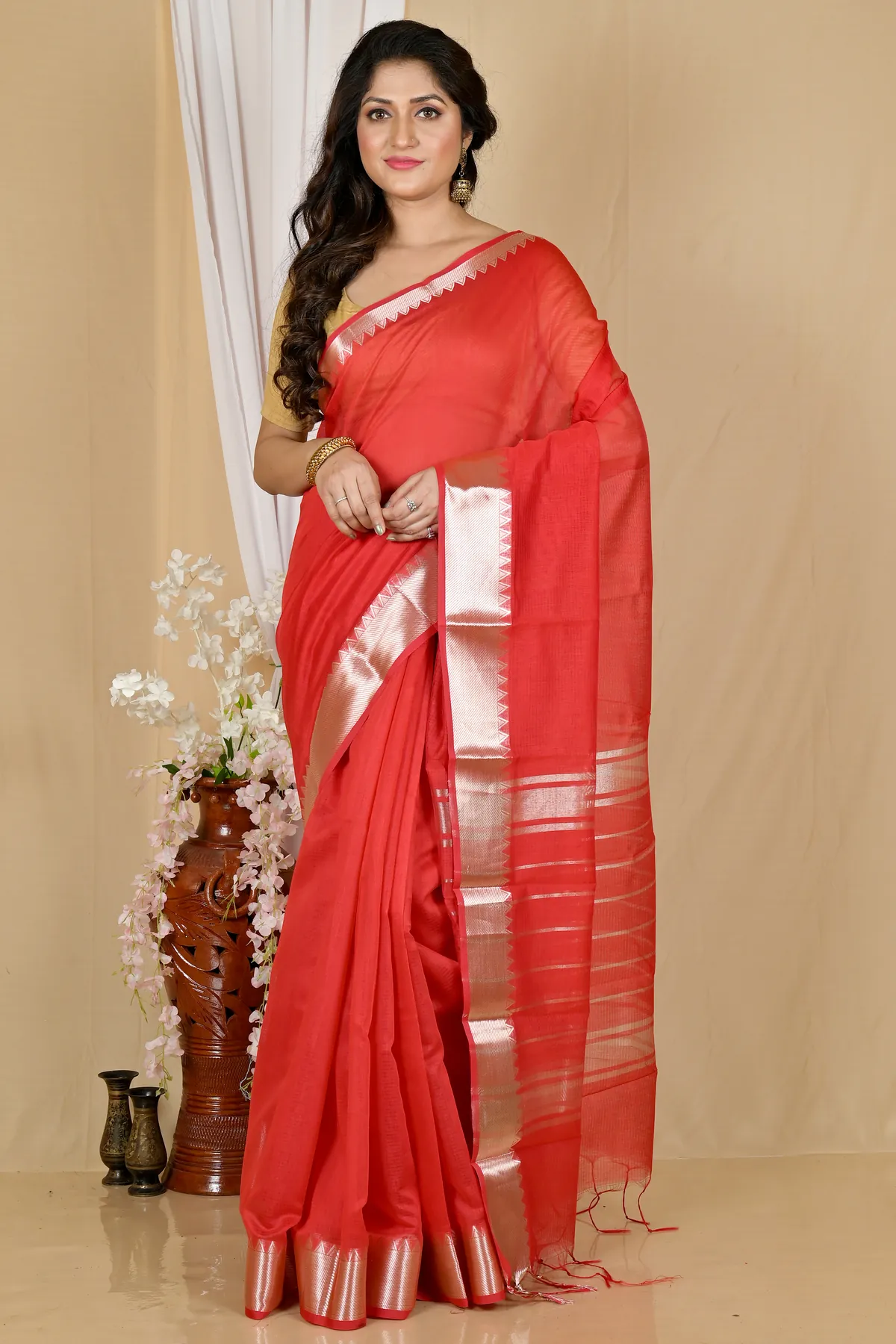 DipDiya Cotton Silk Red Sikra Pure Bengali Grace Handloom Sarees