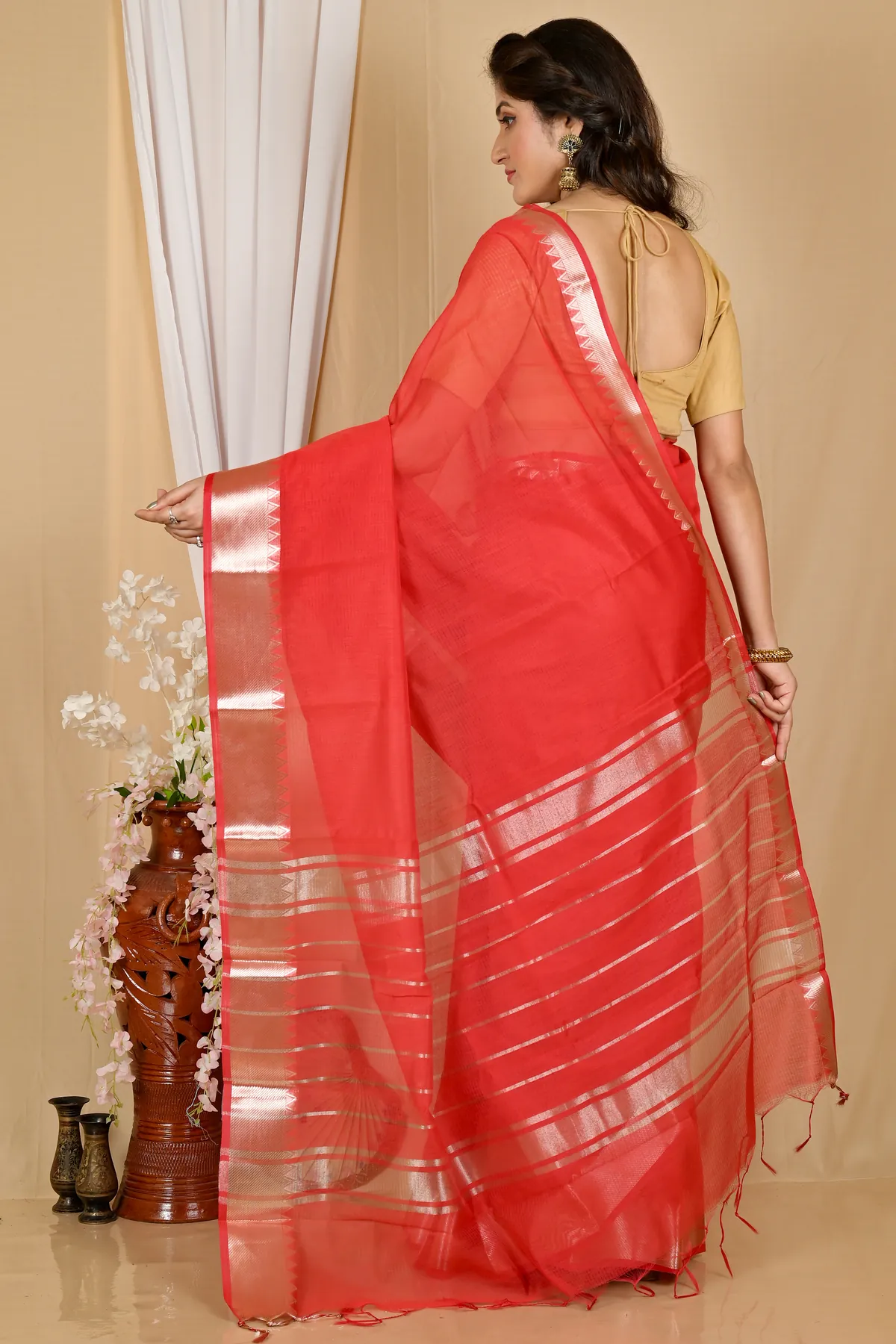 DipDiya Cotton Silk Red Sikra Pure Bengali Grace Handloom Sarees