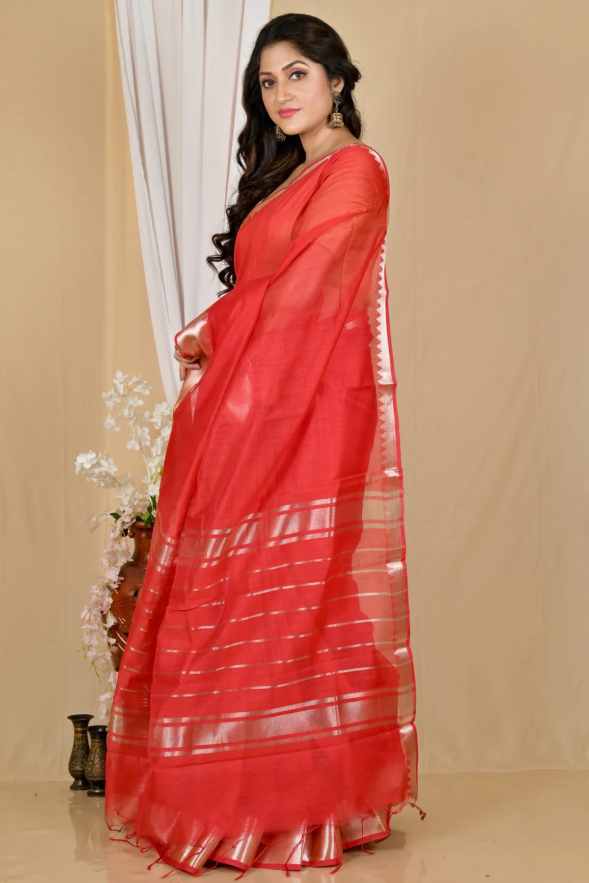 DipDiya Cotton Silk Red Sikra Pure Bengali Grace Handloom Sarees