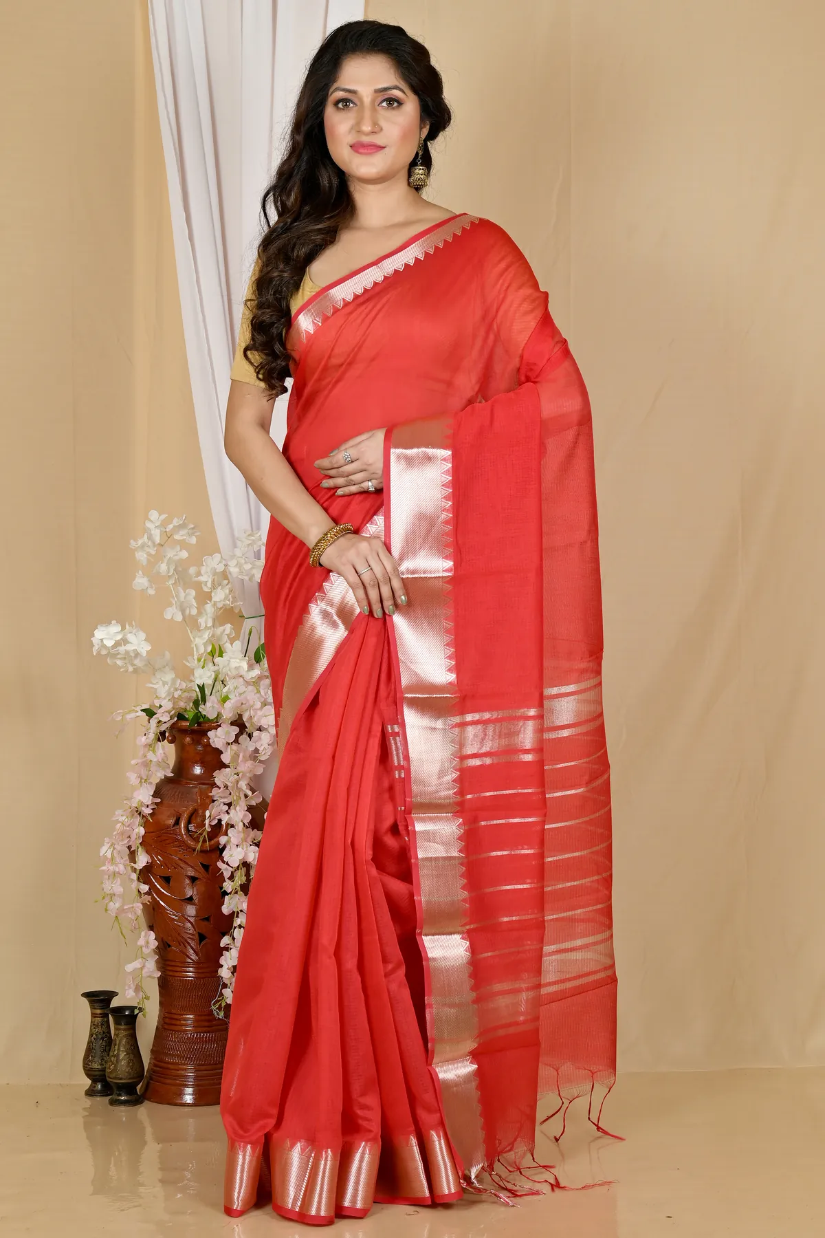 DipDiya Cotton Silk Red Sikra Pure Bengali Grace Handloom Sarees