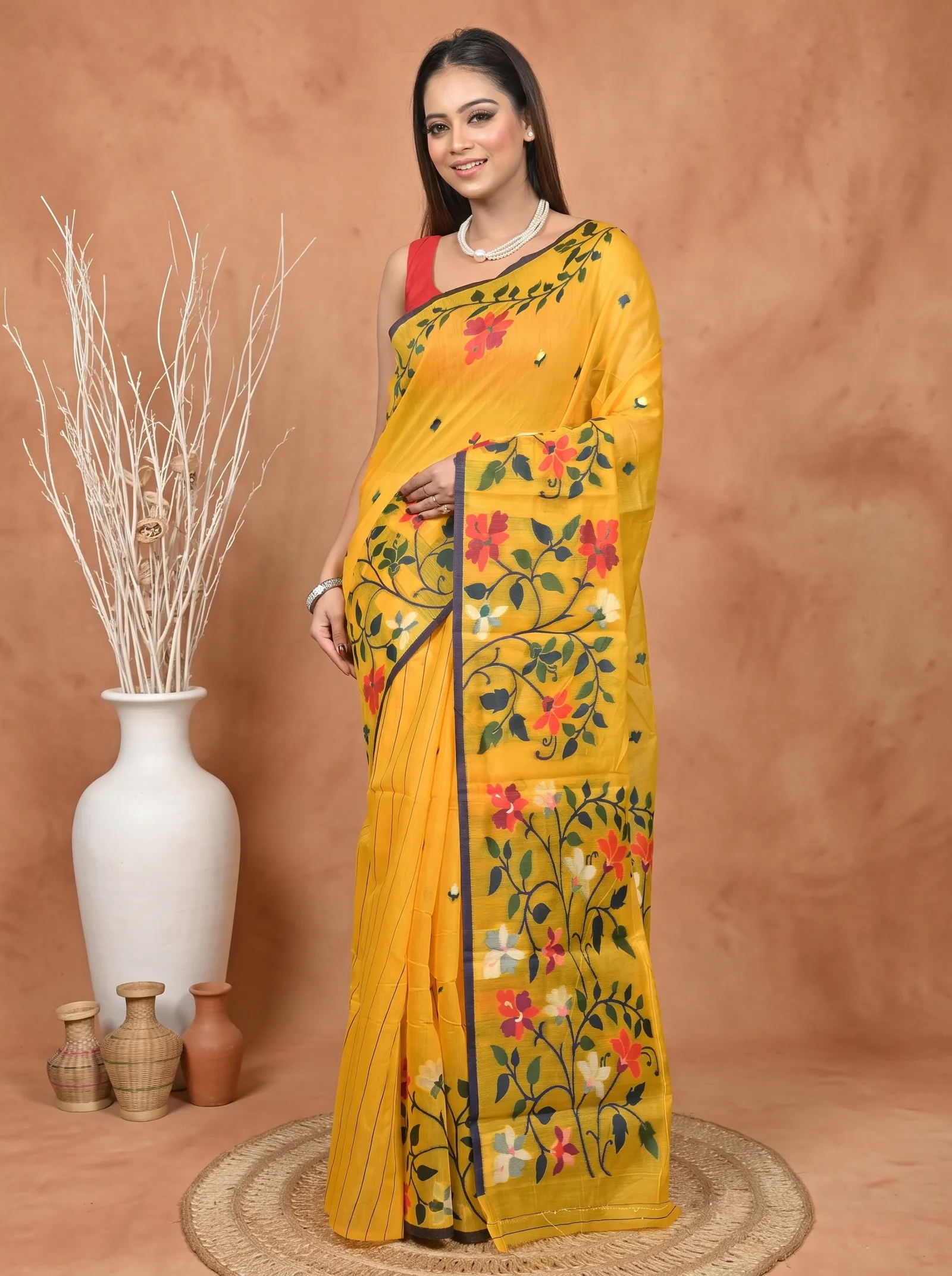 DipDiya Cotton Silk  Traditional Bengali Yellow Artisan Crafted Parmix Handloom Saree