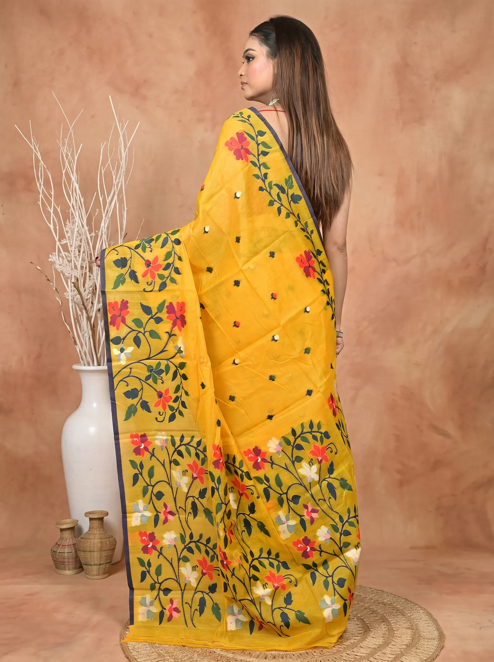 DipDiya Cotton Silk  Traditional Bengali Yellow Artisan Crafted Parmix Handloom Saree