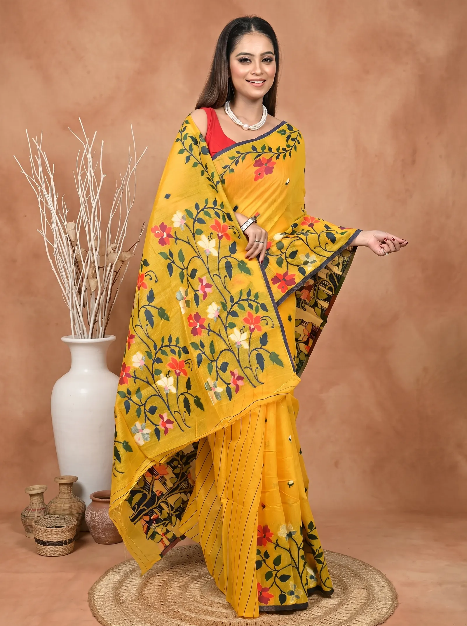 DipDiya Cotton Silk  Traditional Bengali Yellow Artisan Crafted Parmix Handloom Saree