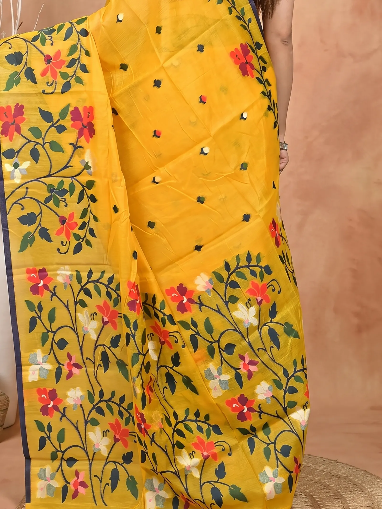 DipDiya Cotton Silk  Traditional Bengali Yellow Artisan Crafted Parmix Handloom Saree