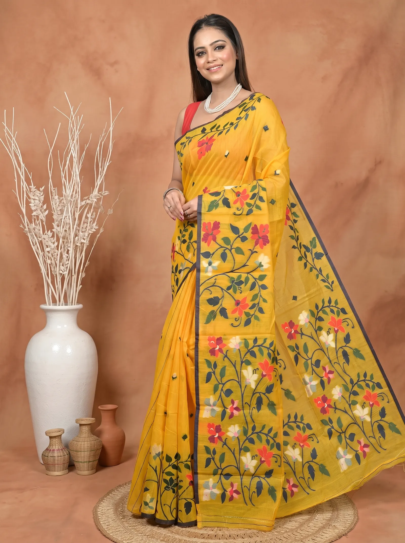 DipDiya Cotton Silk  Traditional Bengali Yellow Artisan Crafted Parmix Handloom Saree