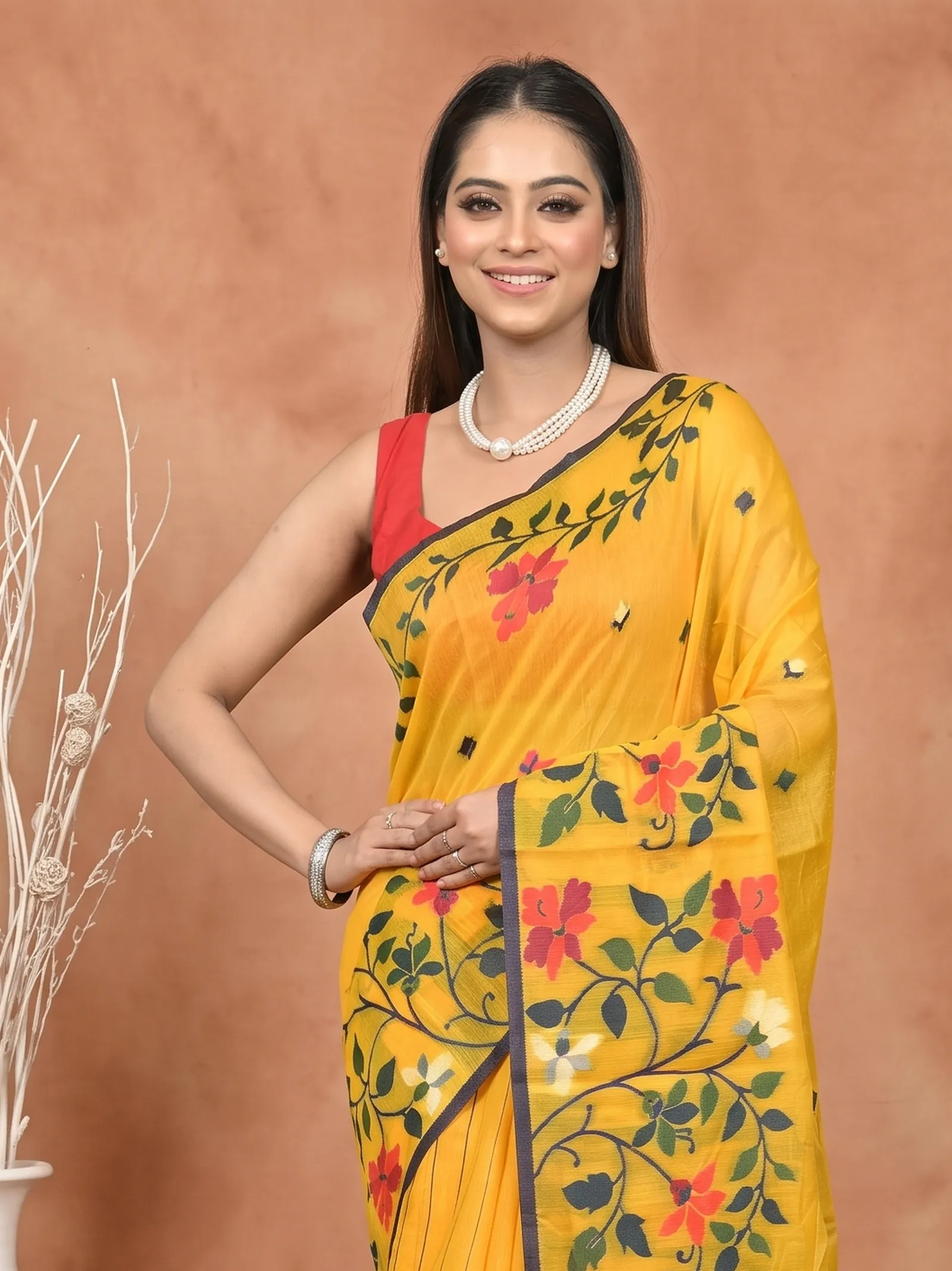 DipDiya Cotton Silk  Traditional Bengali Yellow Artisan Crafted Parmix Handloom Saree