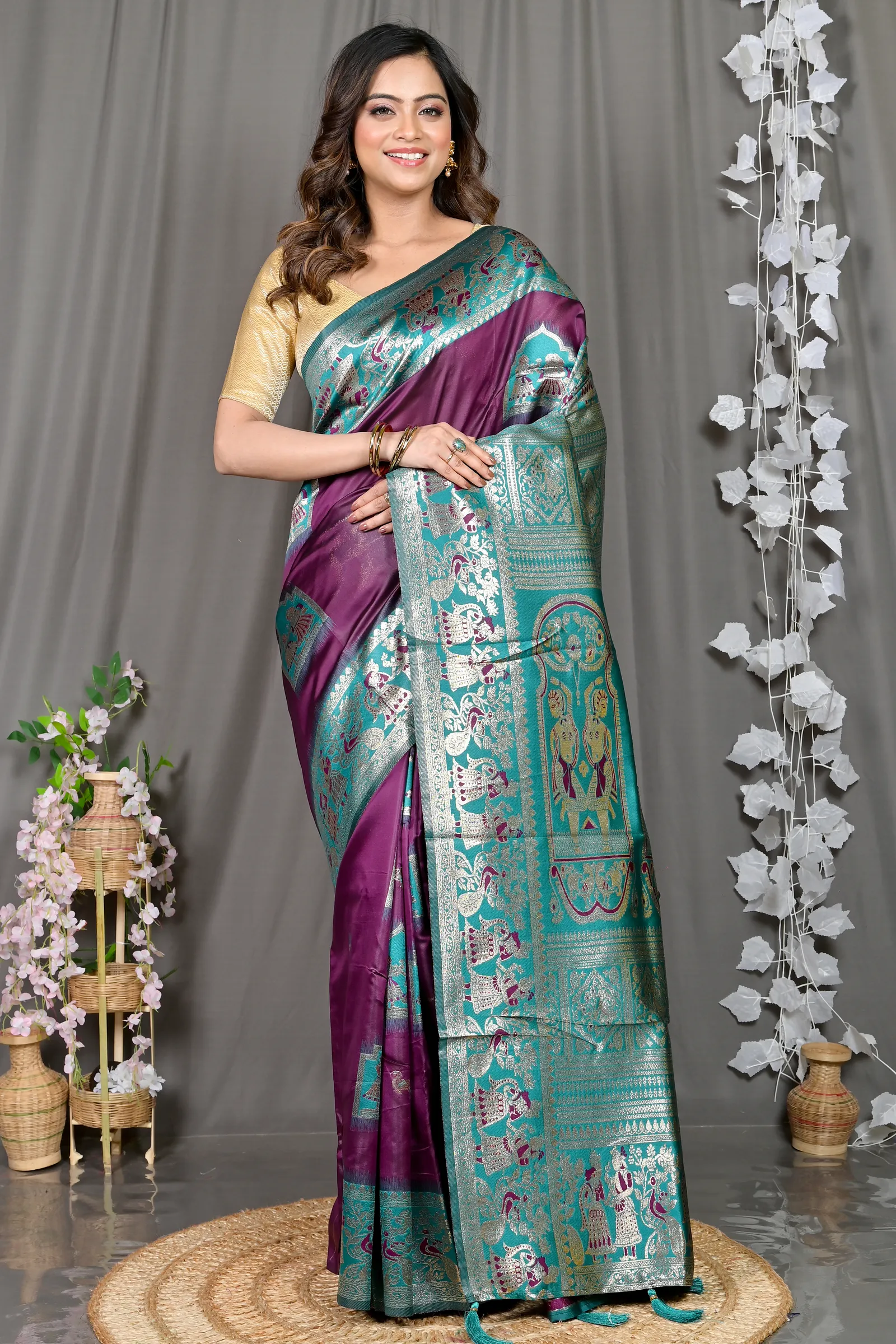 DipDiya Cotton Silk Violet Green Parza Bengali Heritage Baluchari Sarees