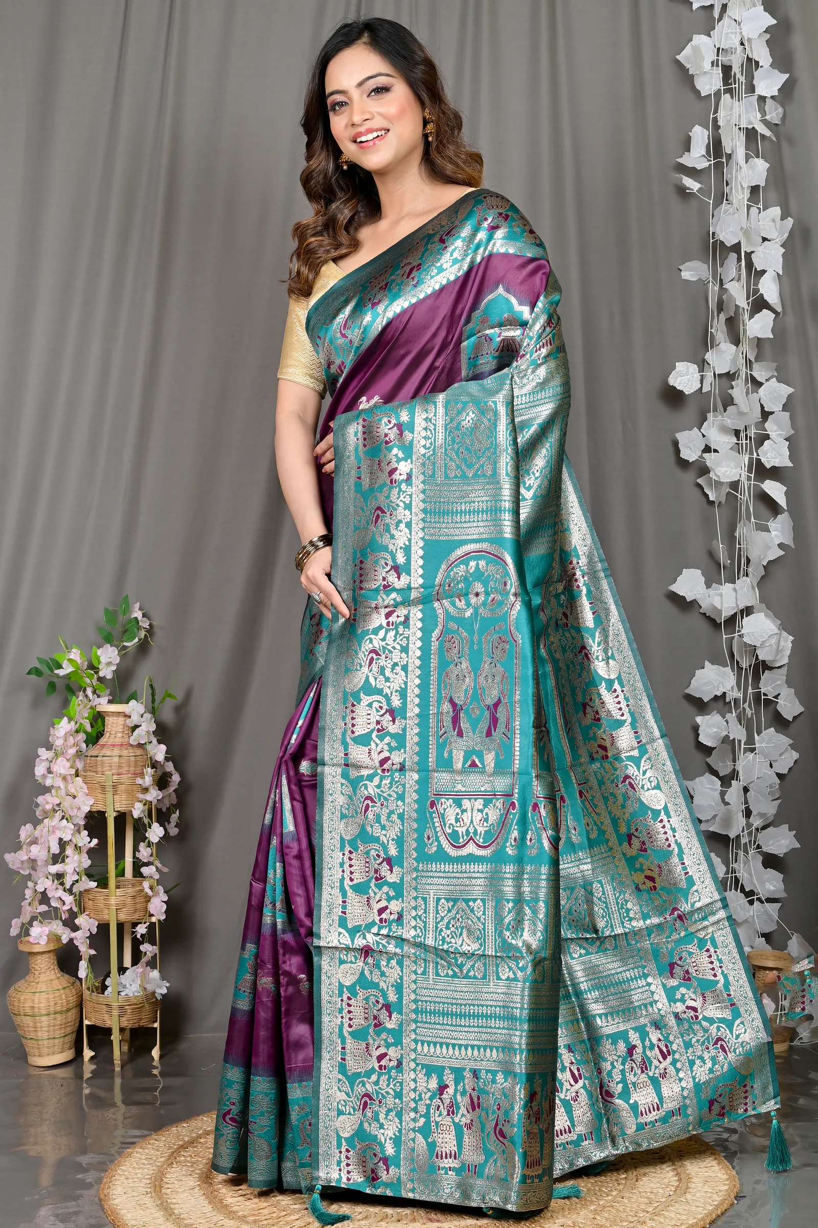 DipDiya Cotton Silk Violet Green Parza Bengali Heritage Baluchari Sarees