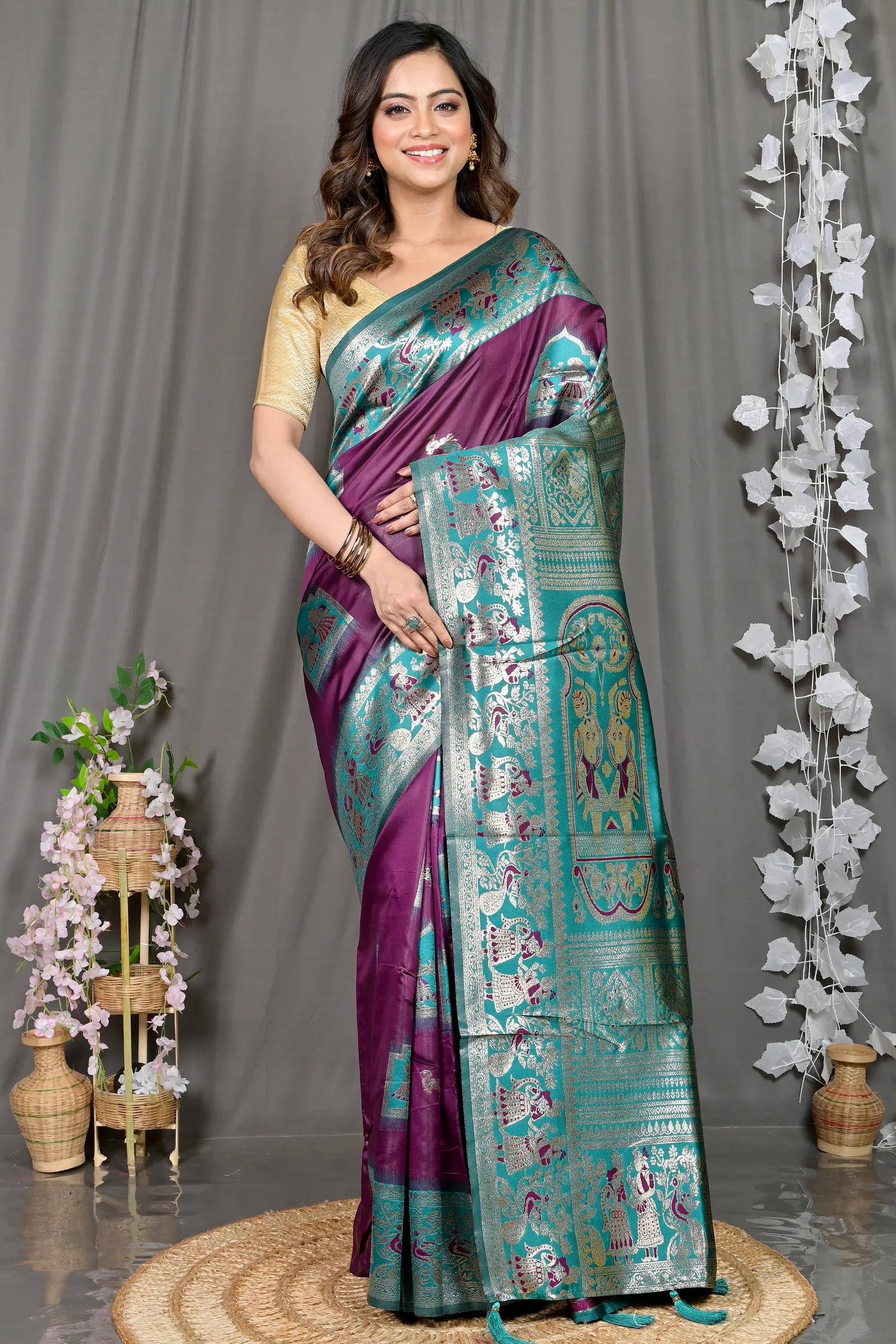 DipDiya Cotton Silk Violet Green Parza Bengali Heritage Baluchari Sarees