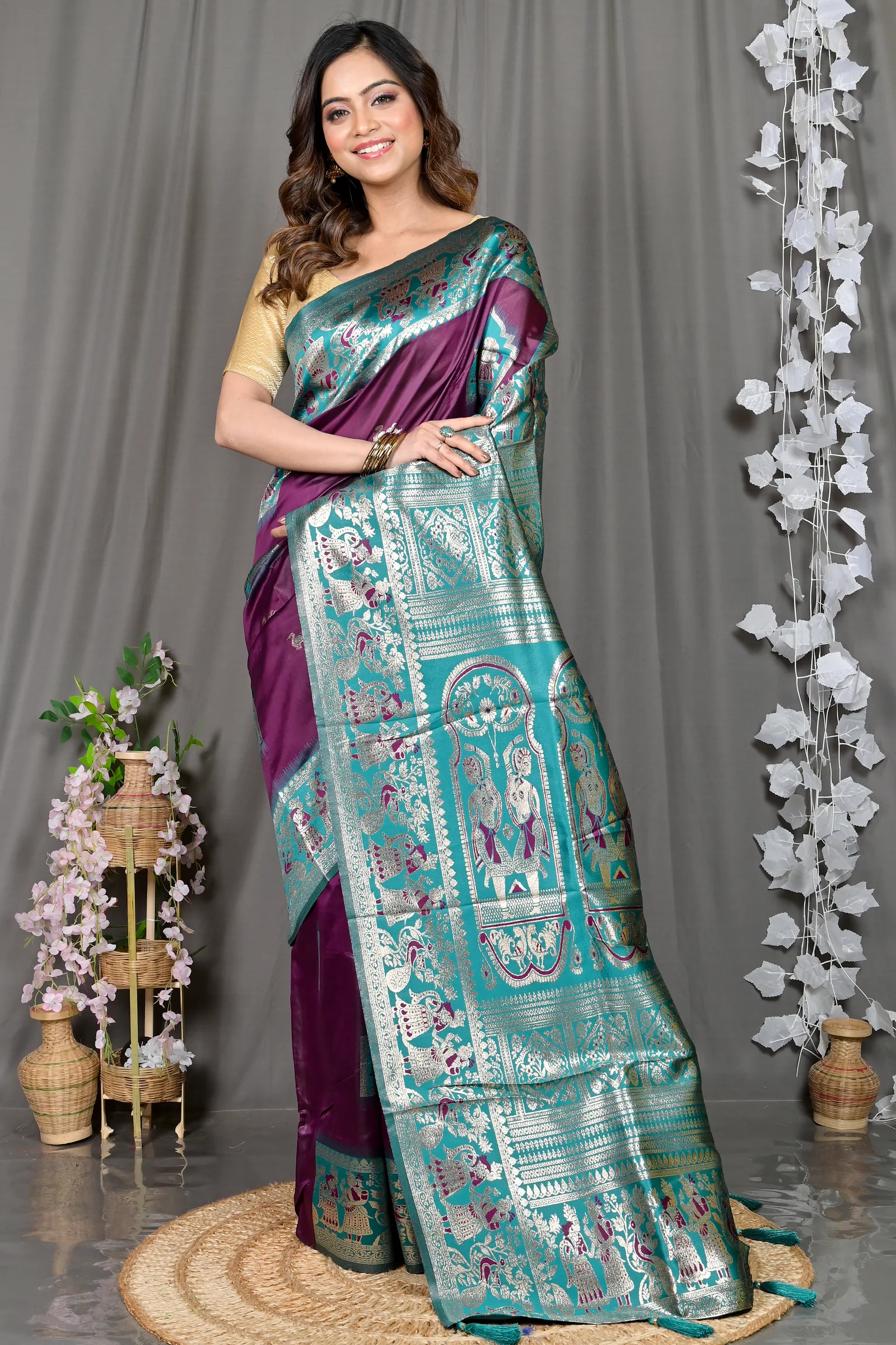 DipDiya Cotton Silk Violet Green Parza Bengali Heritage Baluchari Sarees