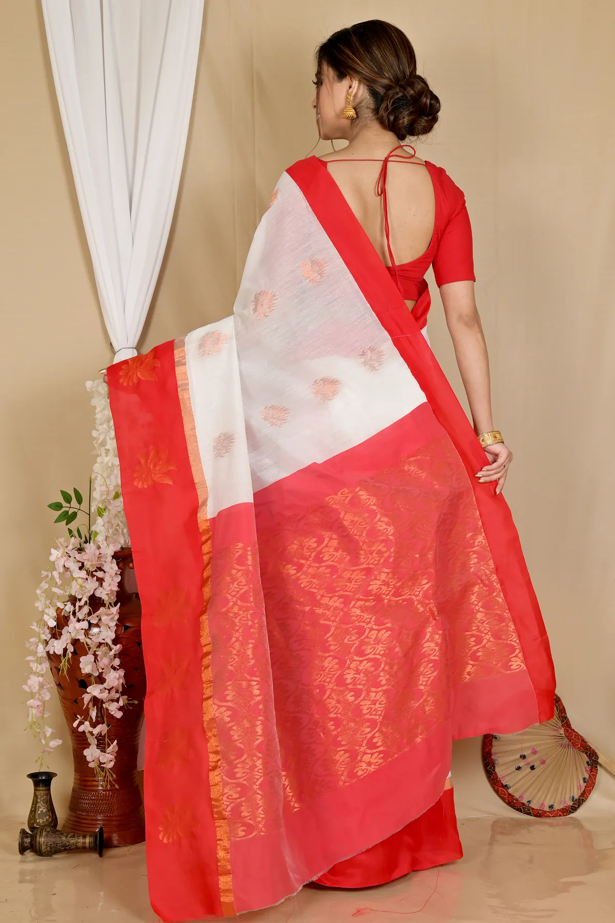 DipDiya Cotton Silk White Red Kakin Essence of Bengal Handloom Sarees