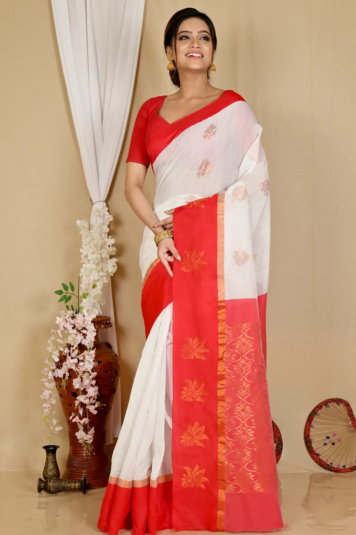 DipDiya Cotton Silk White Red Kakin Essence of Bengal Handloom Sarees