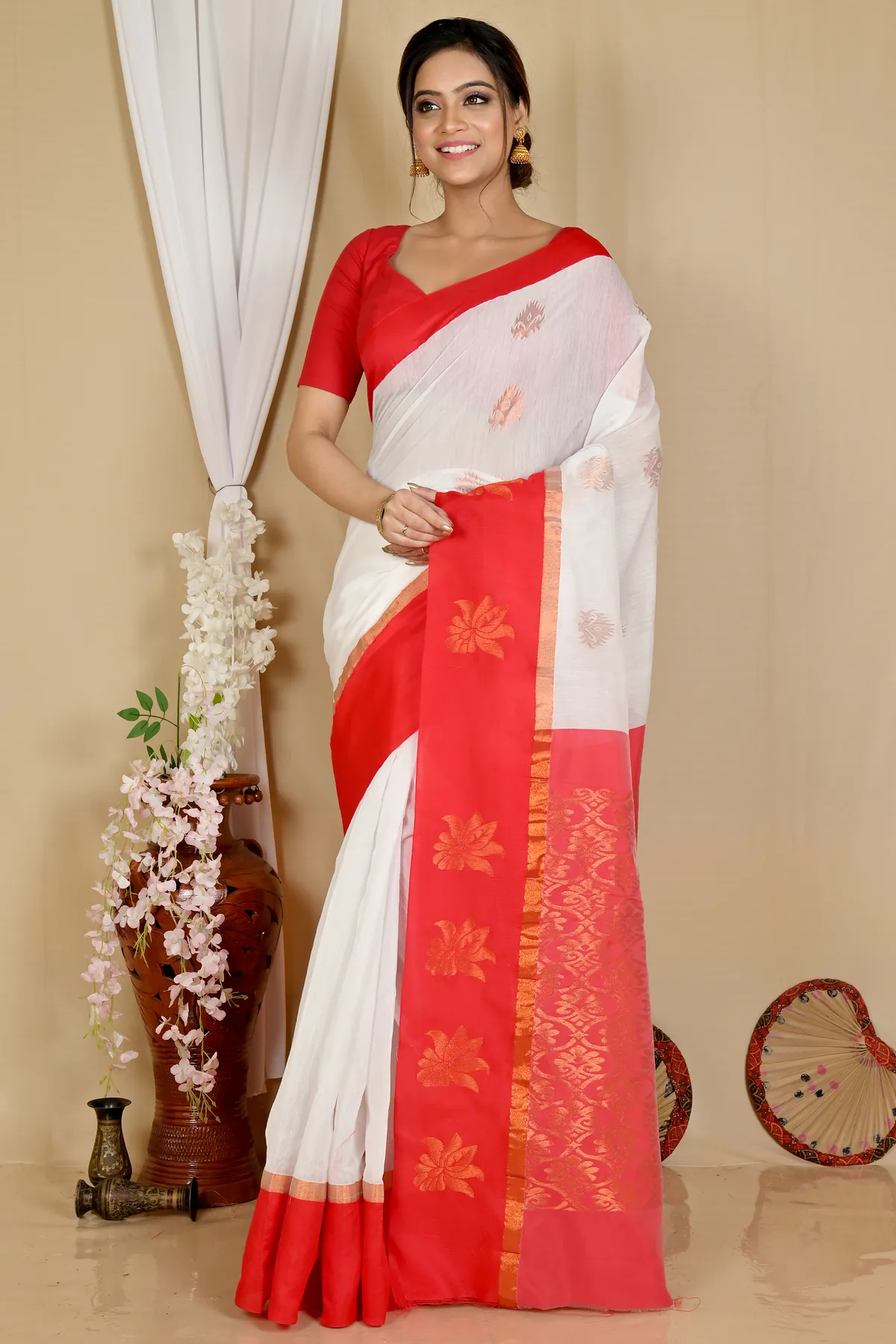 DipDiya Cotton Silk White Red Kakin Essence of Bengal Handloom Sarees