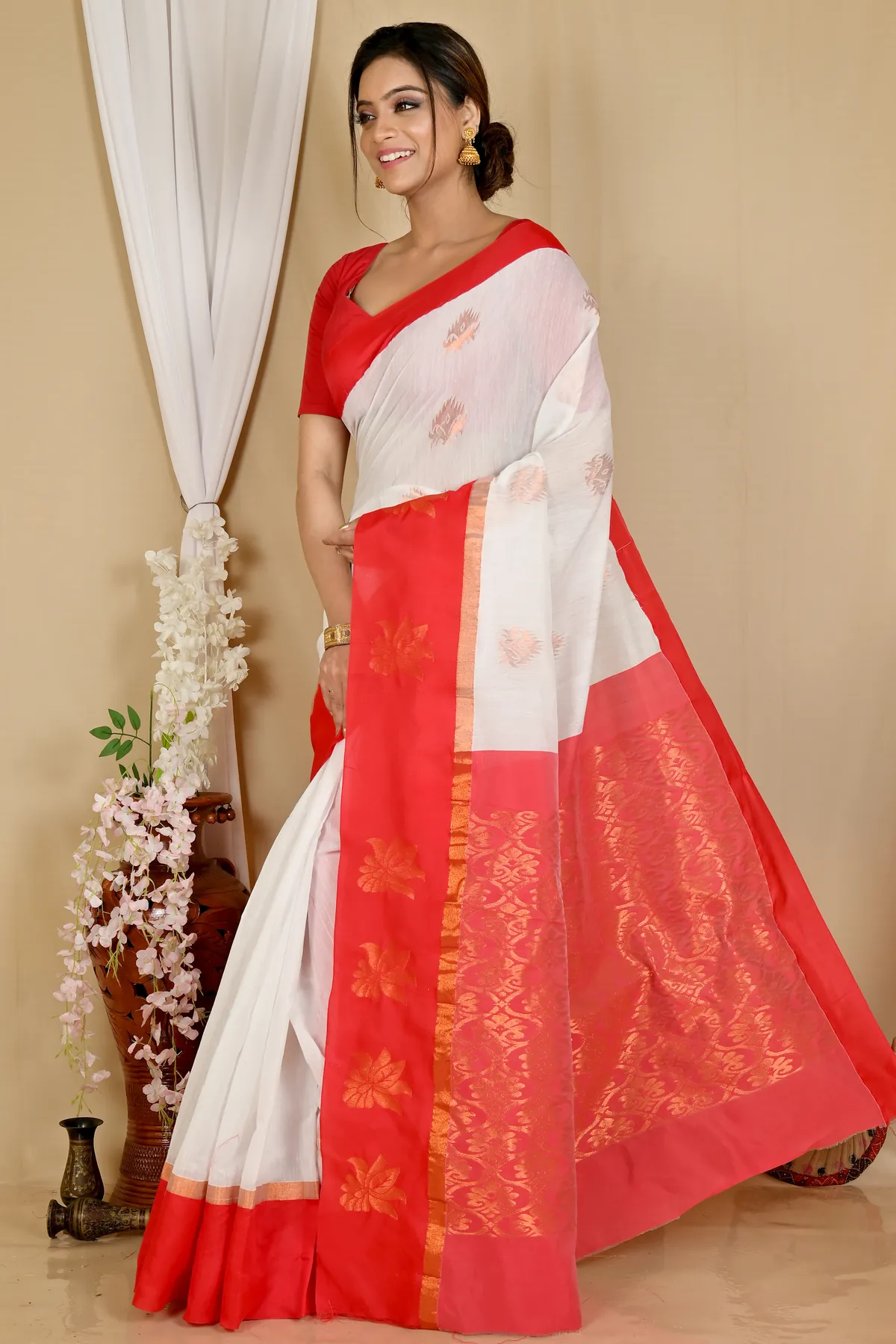 DipDiya Cotton Silk White Red Kakin Essence of Bengal Handloom Sarees