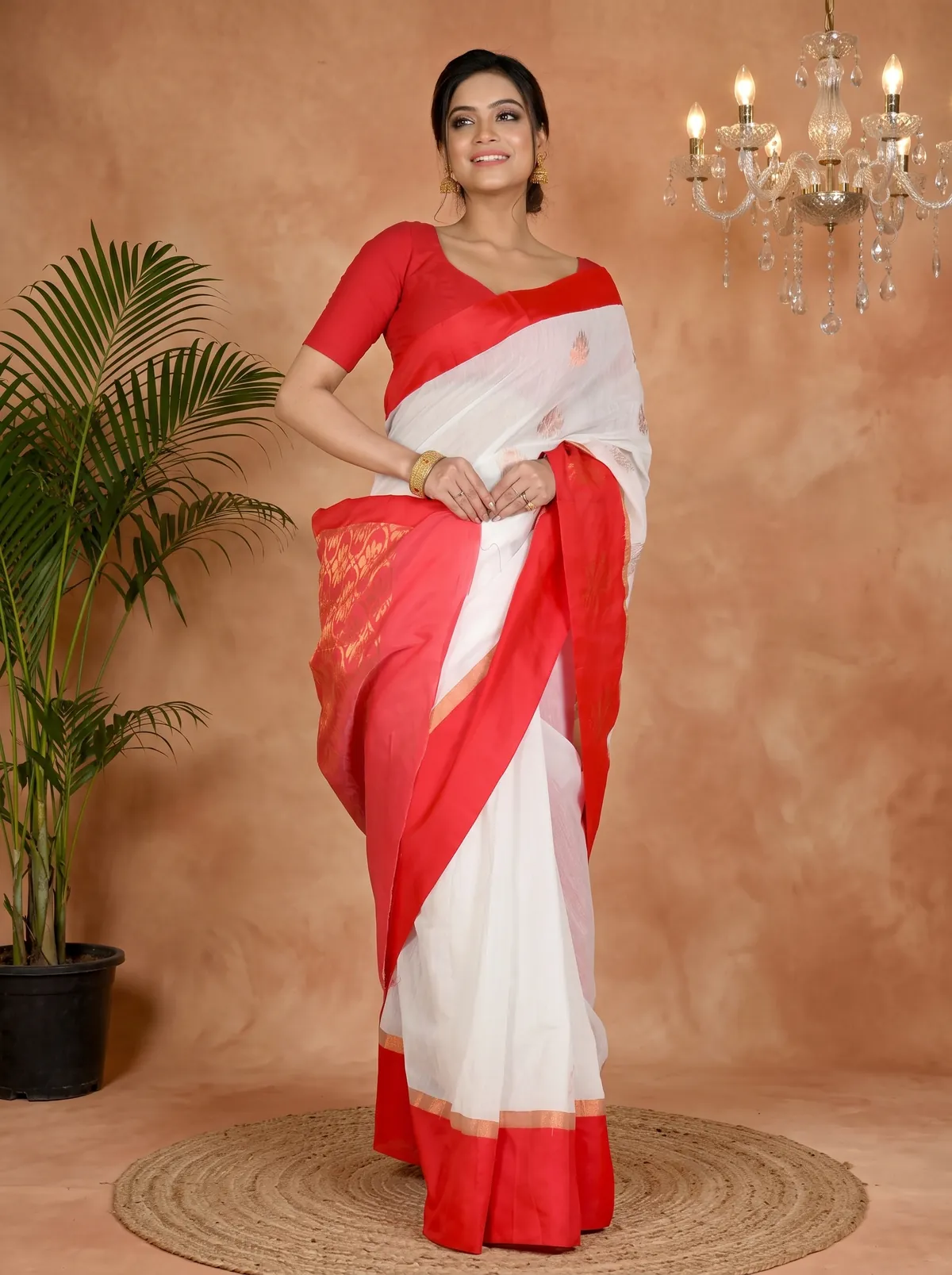 DipDiya Cotton Silk White Red Kakin Essence of Bengal Handloom Sarees