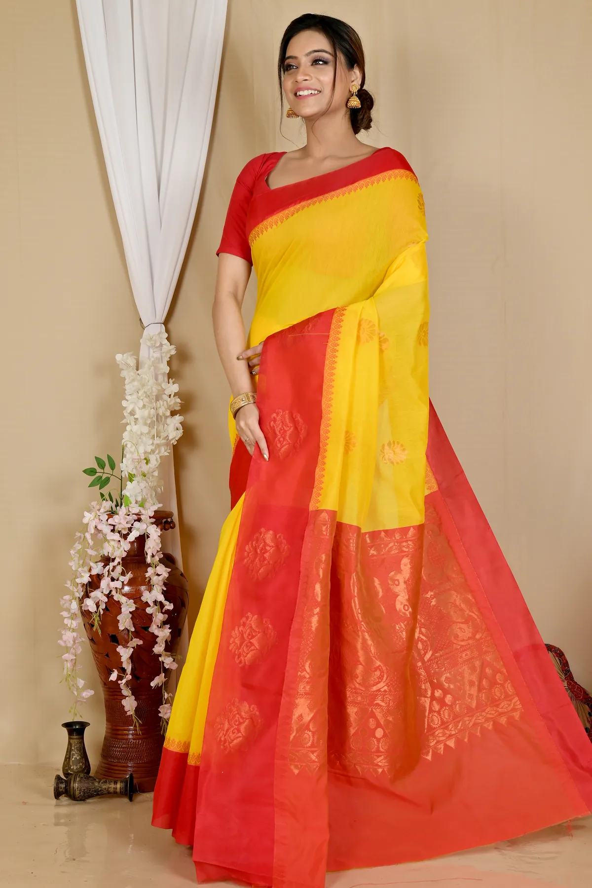 DipDiya Cotton Silk Yellow Red Kakin Elegant by Tradition Handloom Sarees