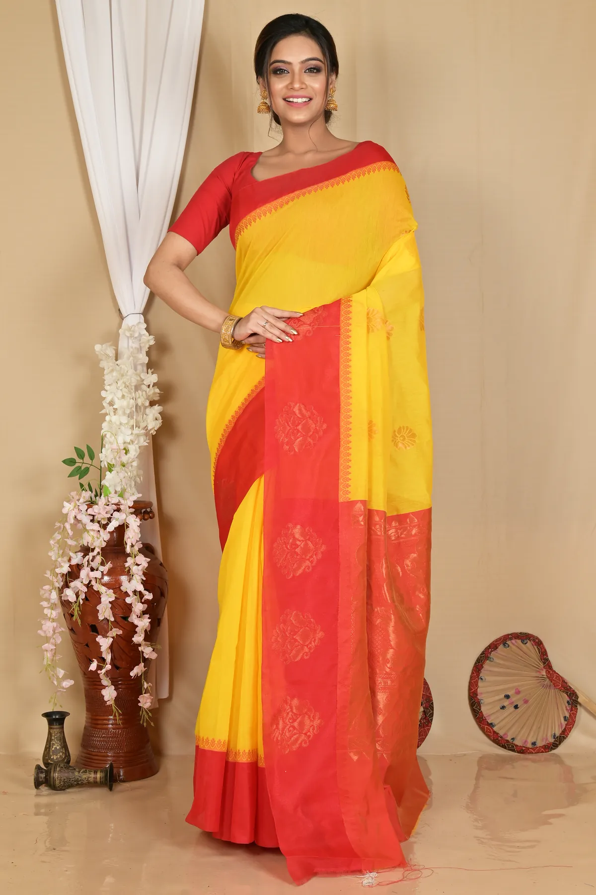 DipDiya Cotton Silk Yellow Red Kakin Elegant by Tradition Handloom Sarees