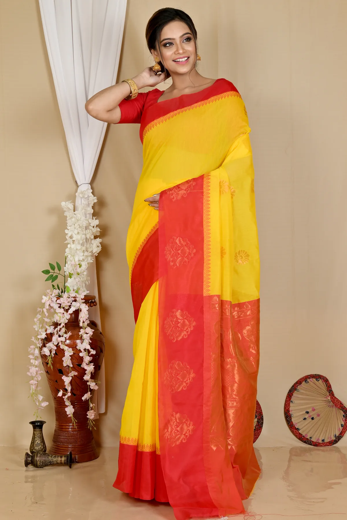DipDiya Cotton Silk Yellow Red Kakin Elegant by Tradition Handloom Sarees