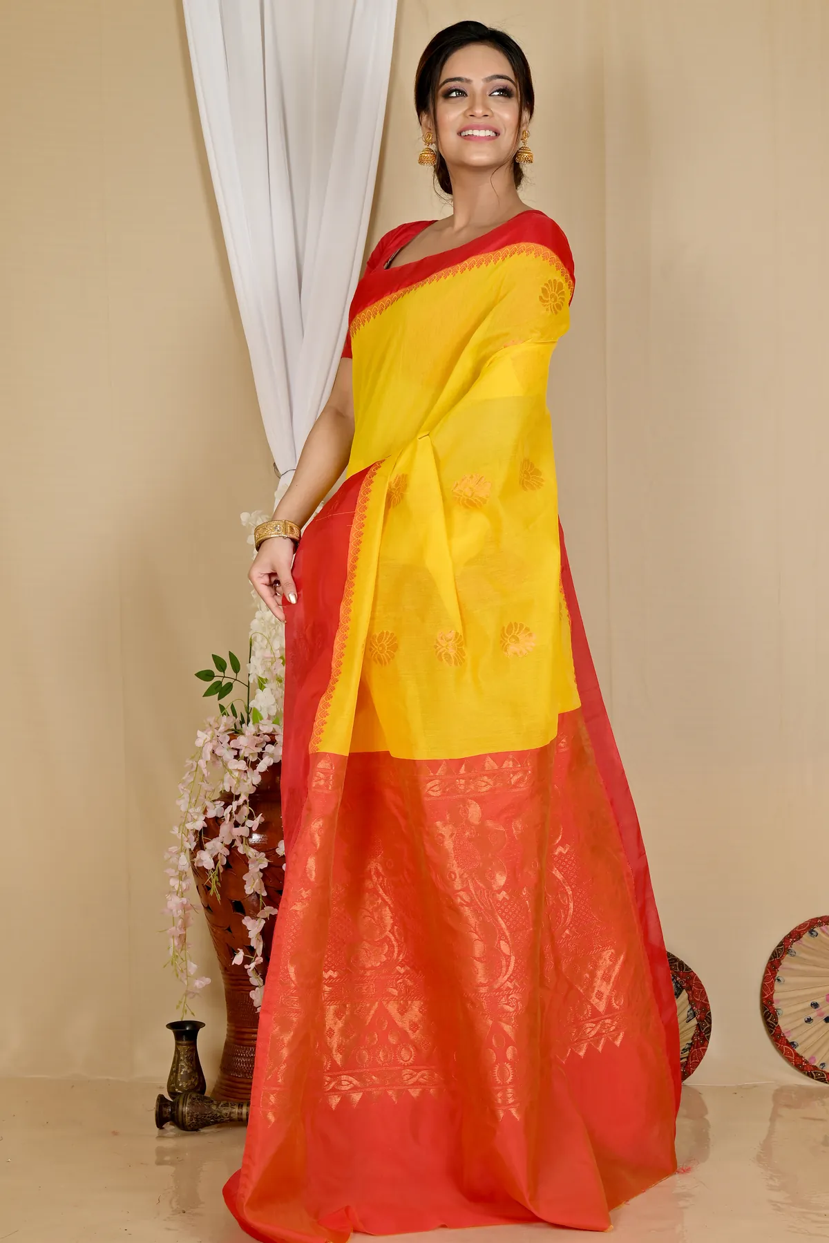 DipDiya Cotton Silk Yellow Red Kakin Elegant by Tradition Handloom Sarees