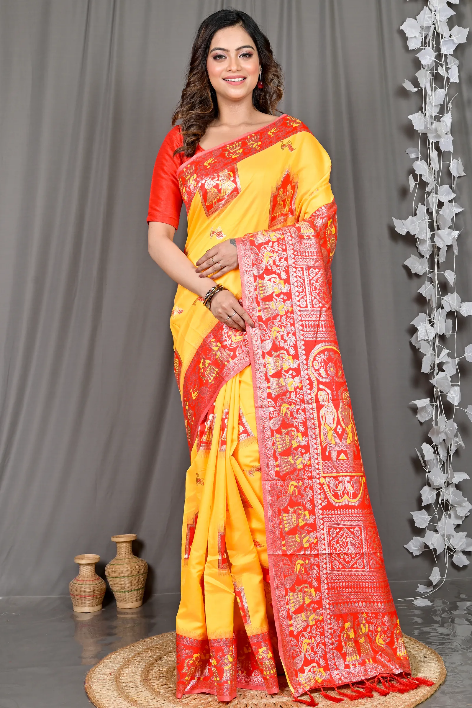 DipDiya Cotton Silk Yellow Red Parza Artisan Woven Baluchari Sarees