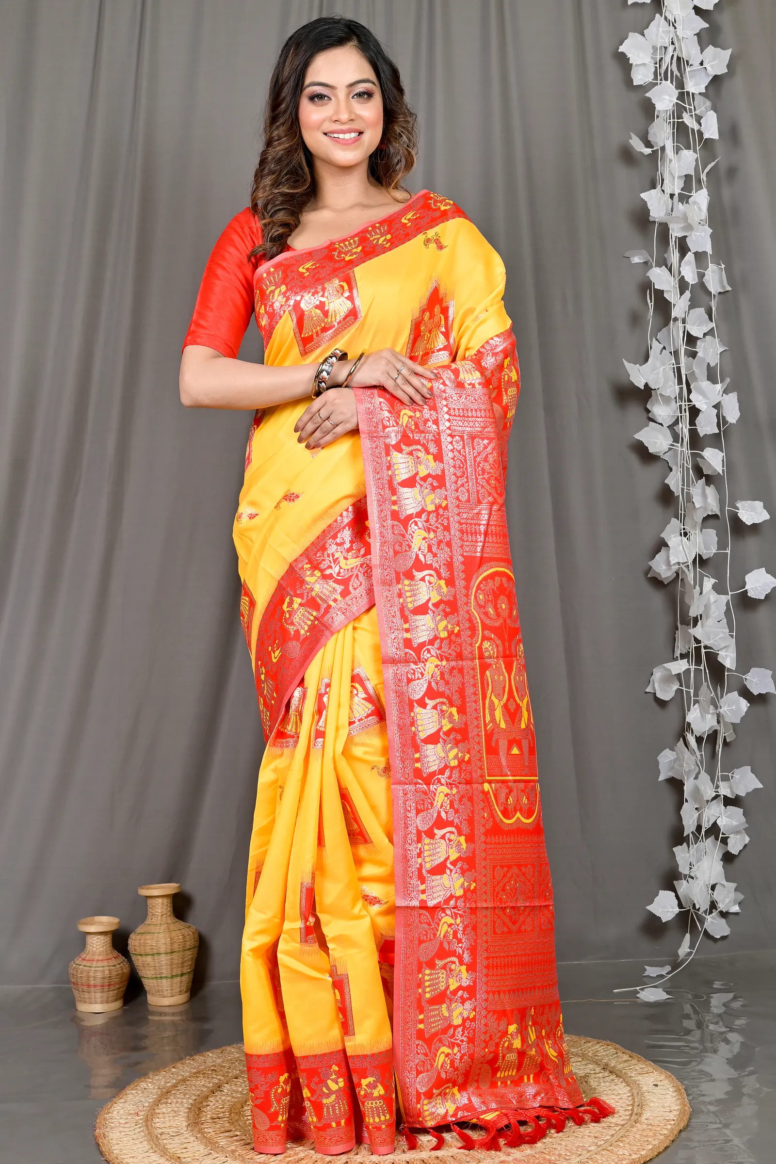 DipDiya Cotton Silk Yellow Red Parza Artisan Woven Baluchari Sarees