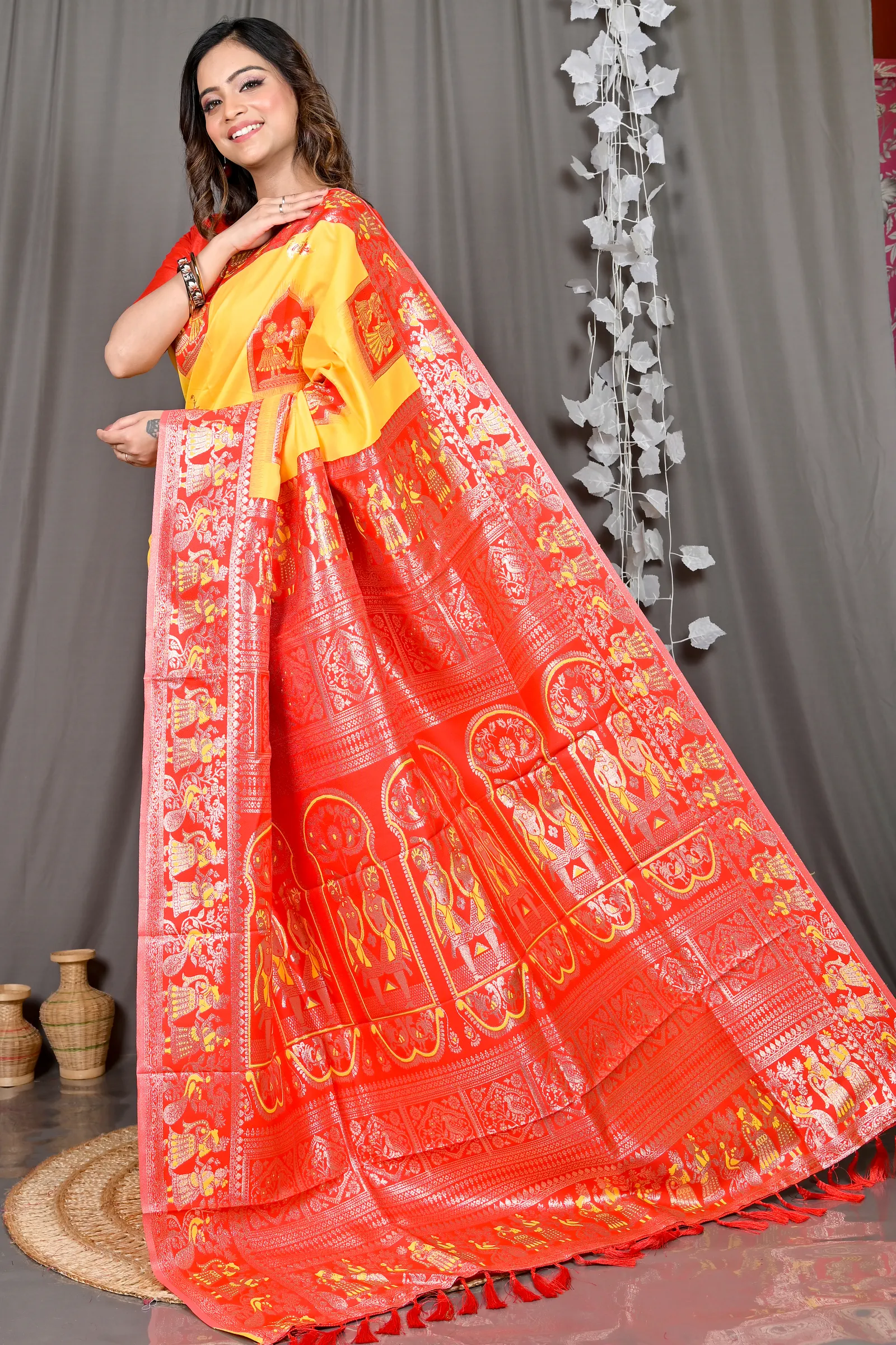 DipDiya Cotton Silk Yellow Red Parza Artisan Woven Baluchari Sarees