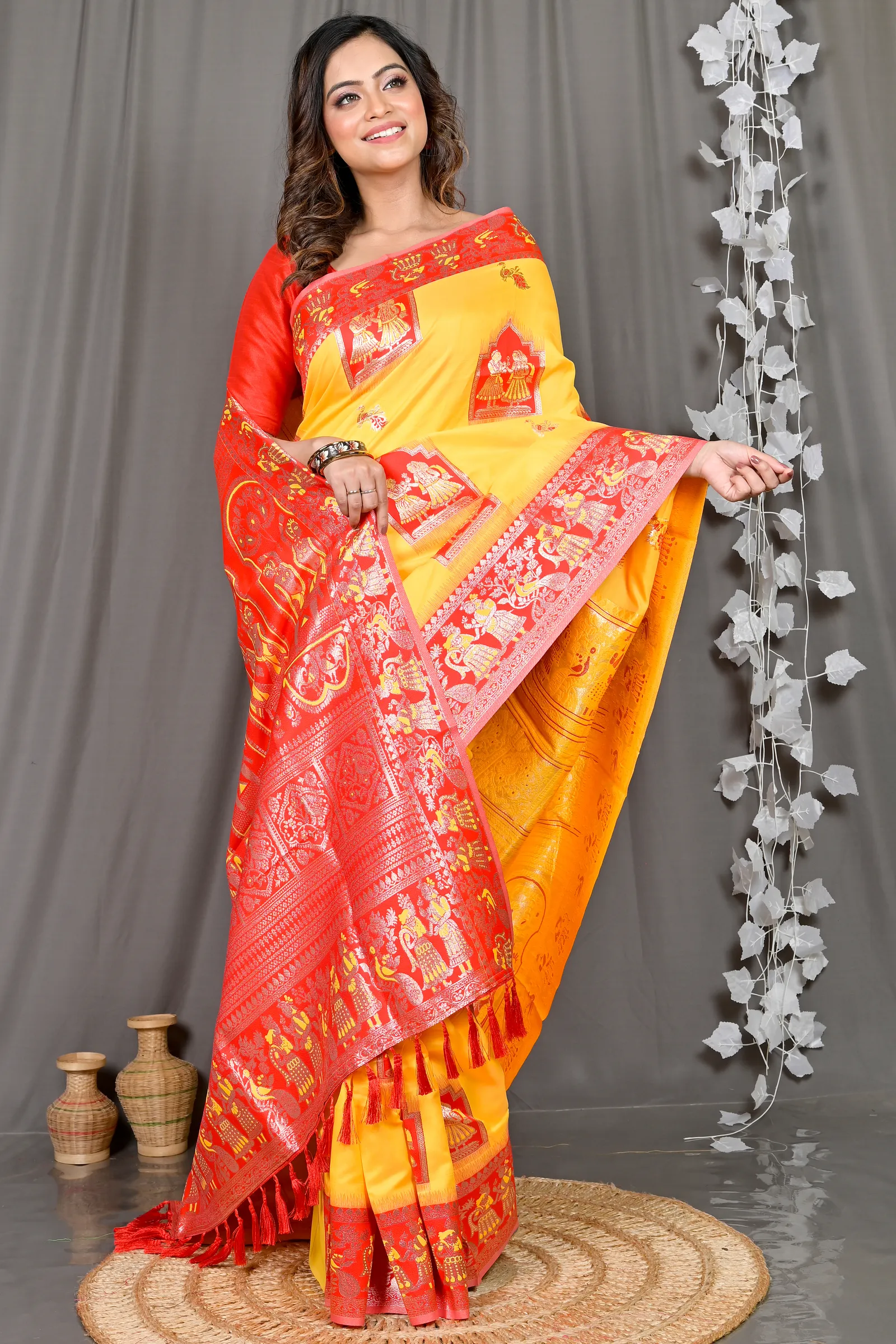 DipDiya Cotton Silk Yellow Red Parza Artisan Woven Baluchari Sarees