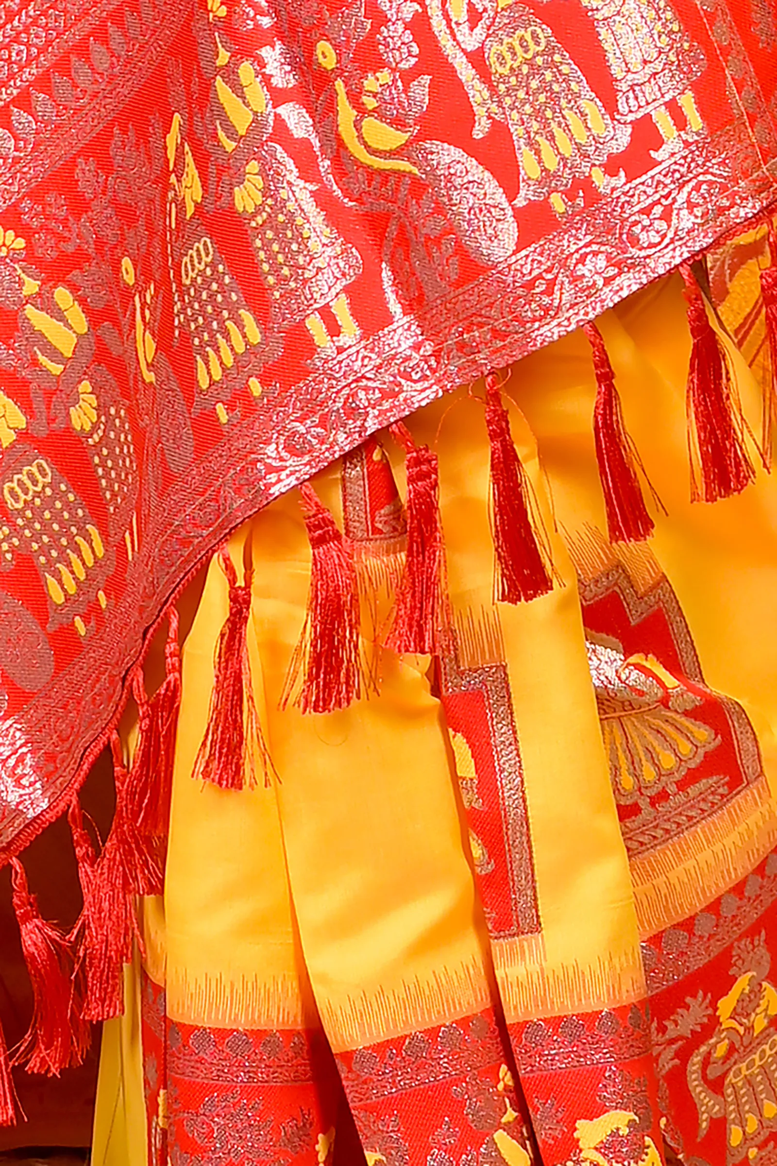 DipDiya Cotton Silk Yellow Red Parza Artisan Woven Baluchari Sarees