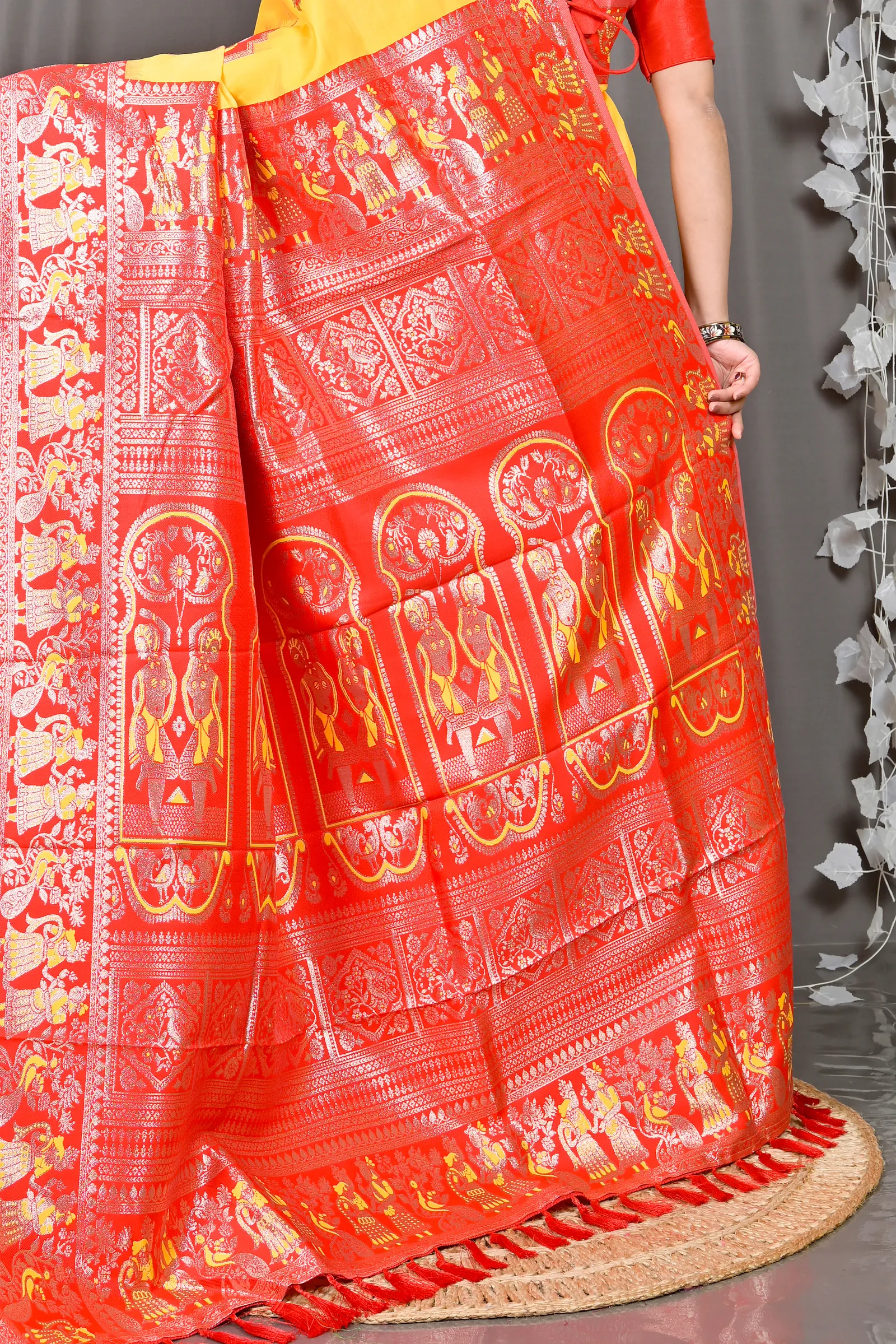 DipDiya Cotton Silk Yellow Red Parza Artisan Woven Baluchari Sarees
