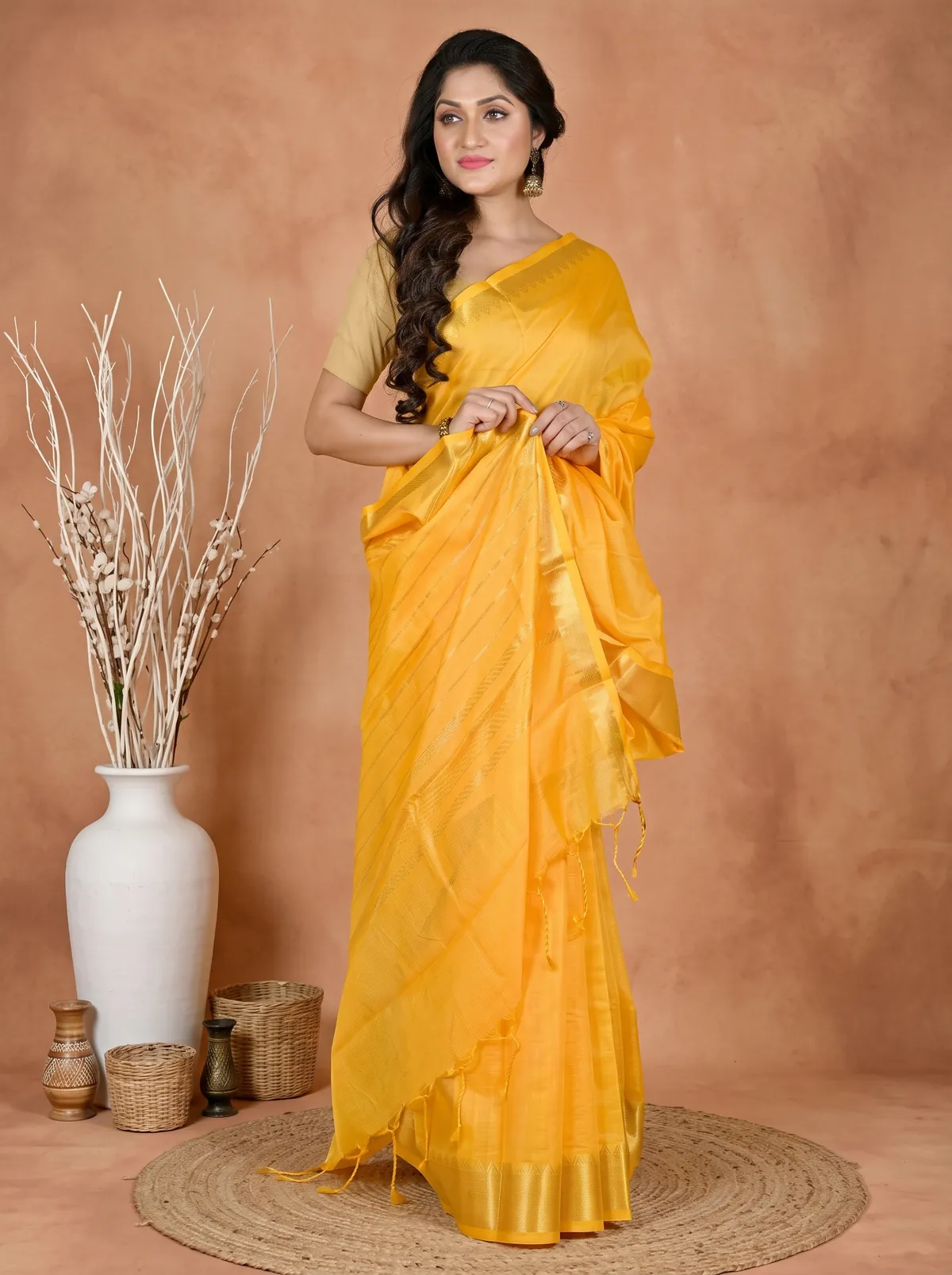 DipDiya Cotton Silk Yellow Sikra Masterfully Woven Handloom Sarees