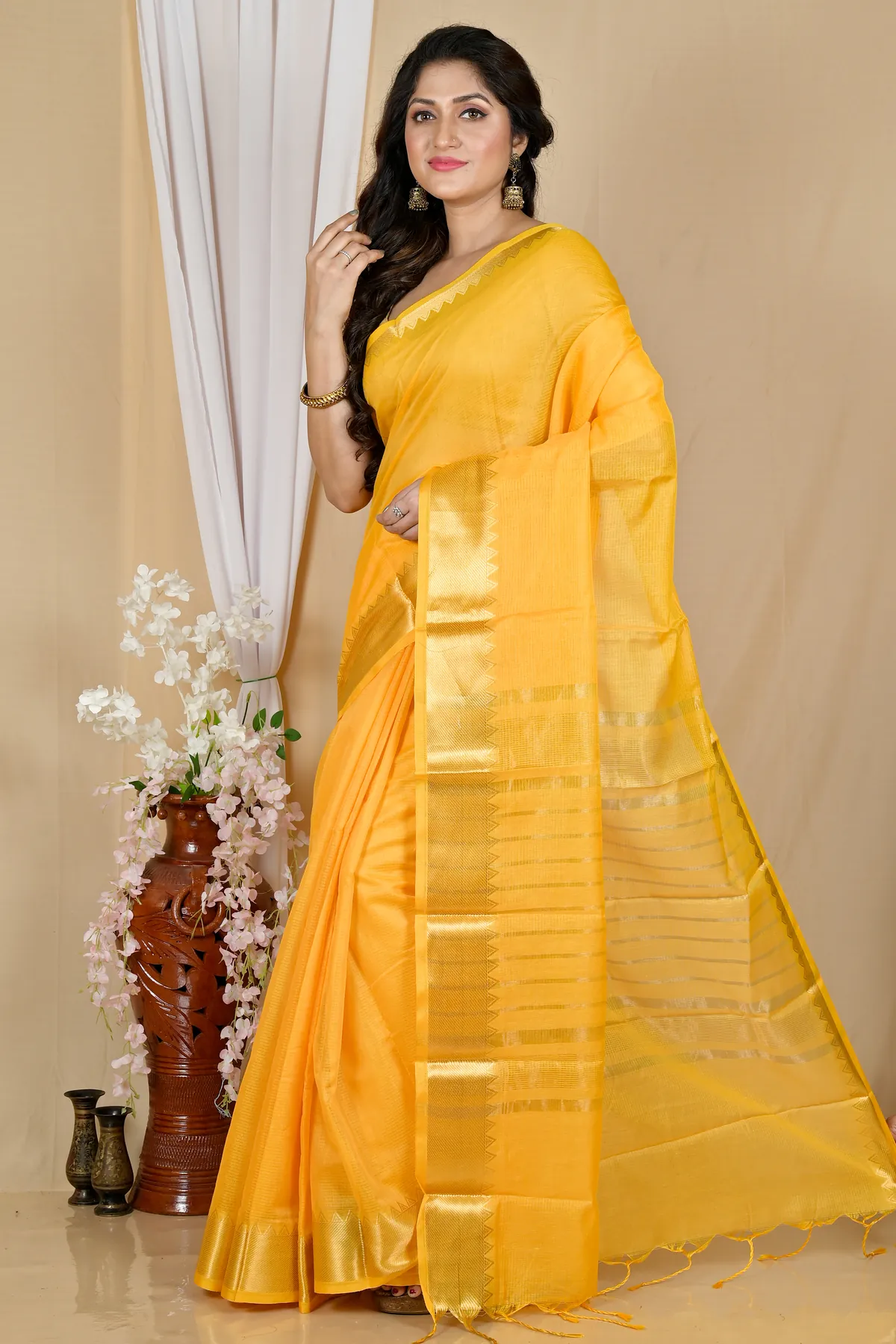 DipDiya Cotton Silk Yellow Sikra Masterfully Woven Handloom Sarees