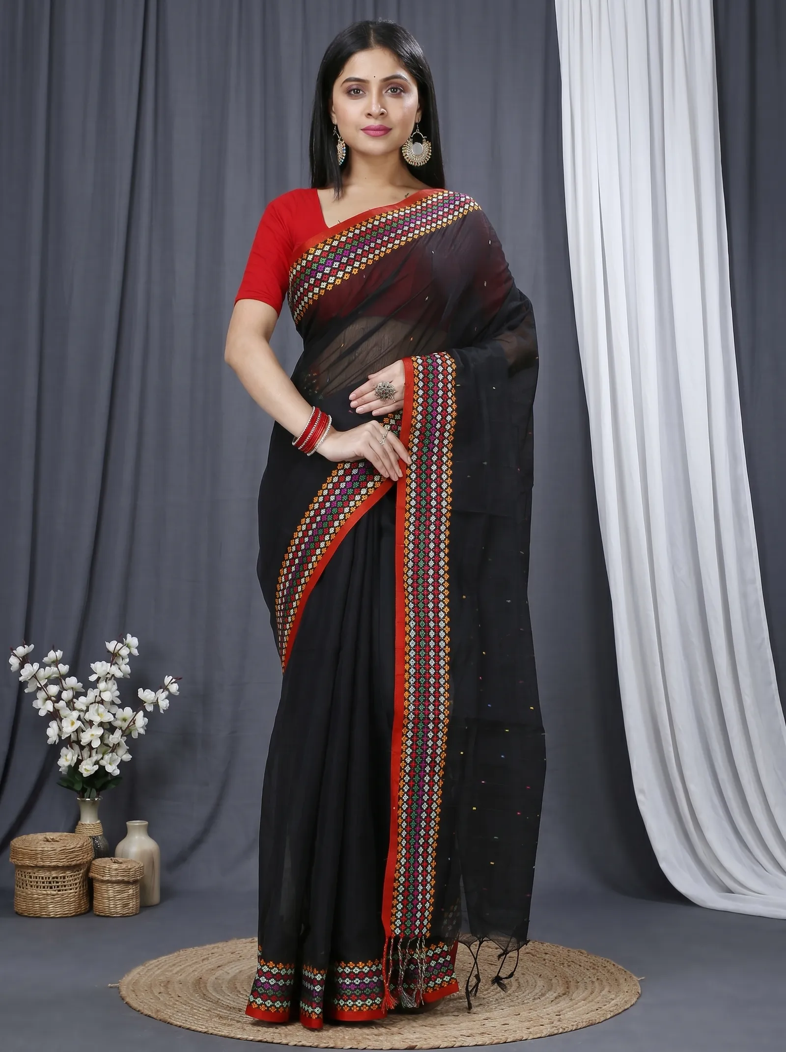 DipDiya Cotton  Traditional Bengali Black Artisan Crafted Popkn Handloom Saree